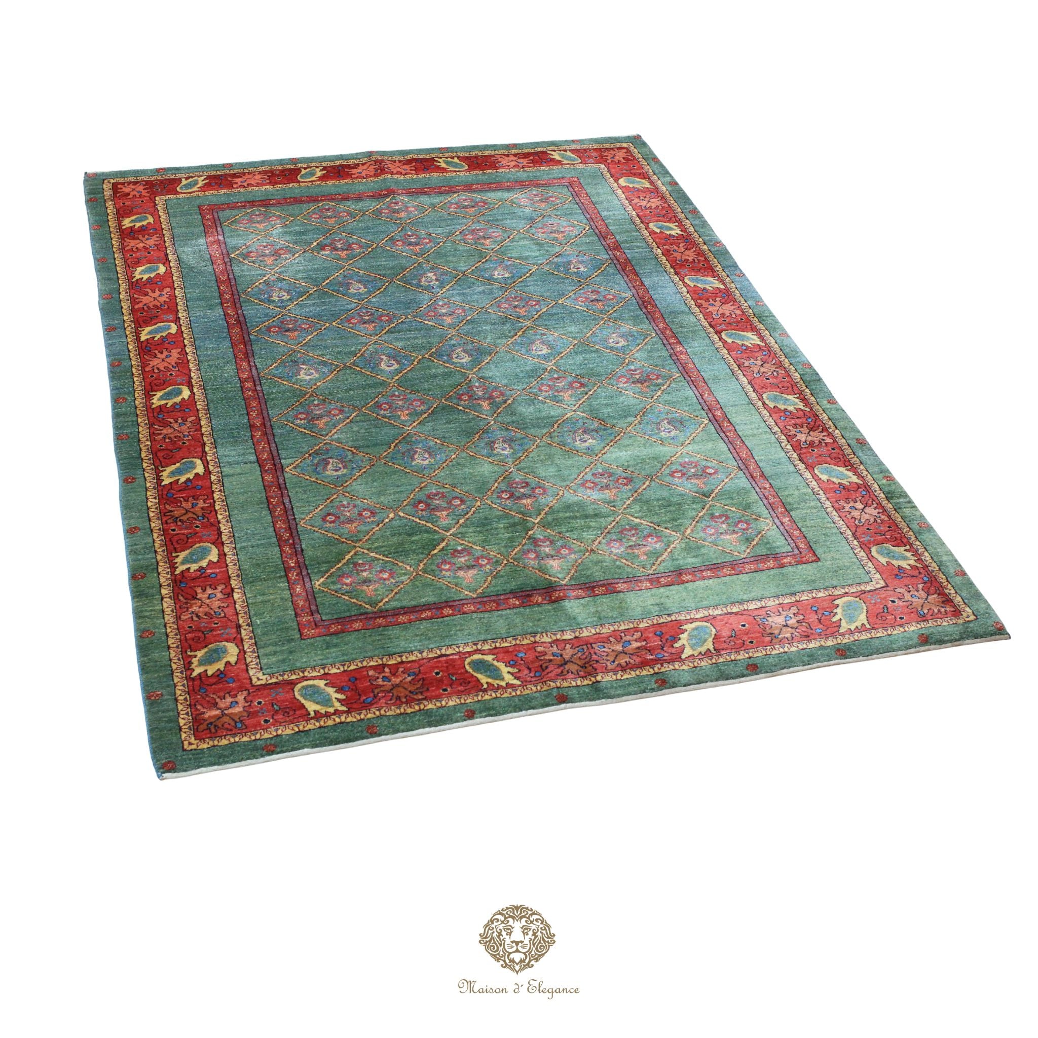 Decorative rug with a geometric pattern on a verde background