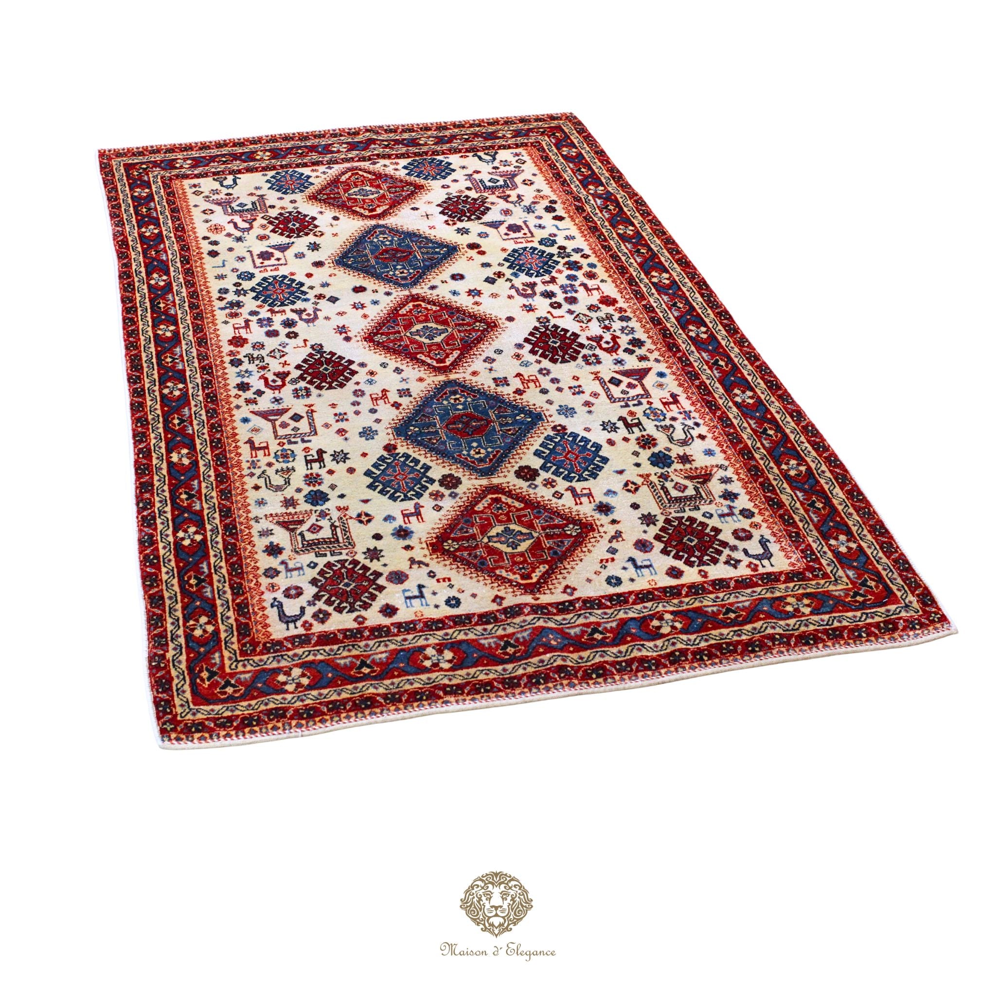 Decorative rug with intricate patterns on a white background