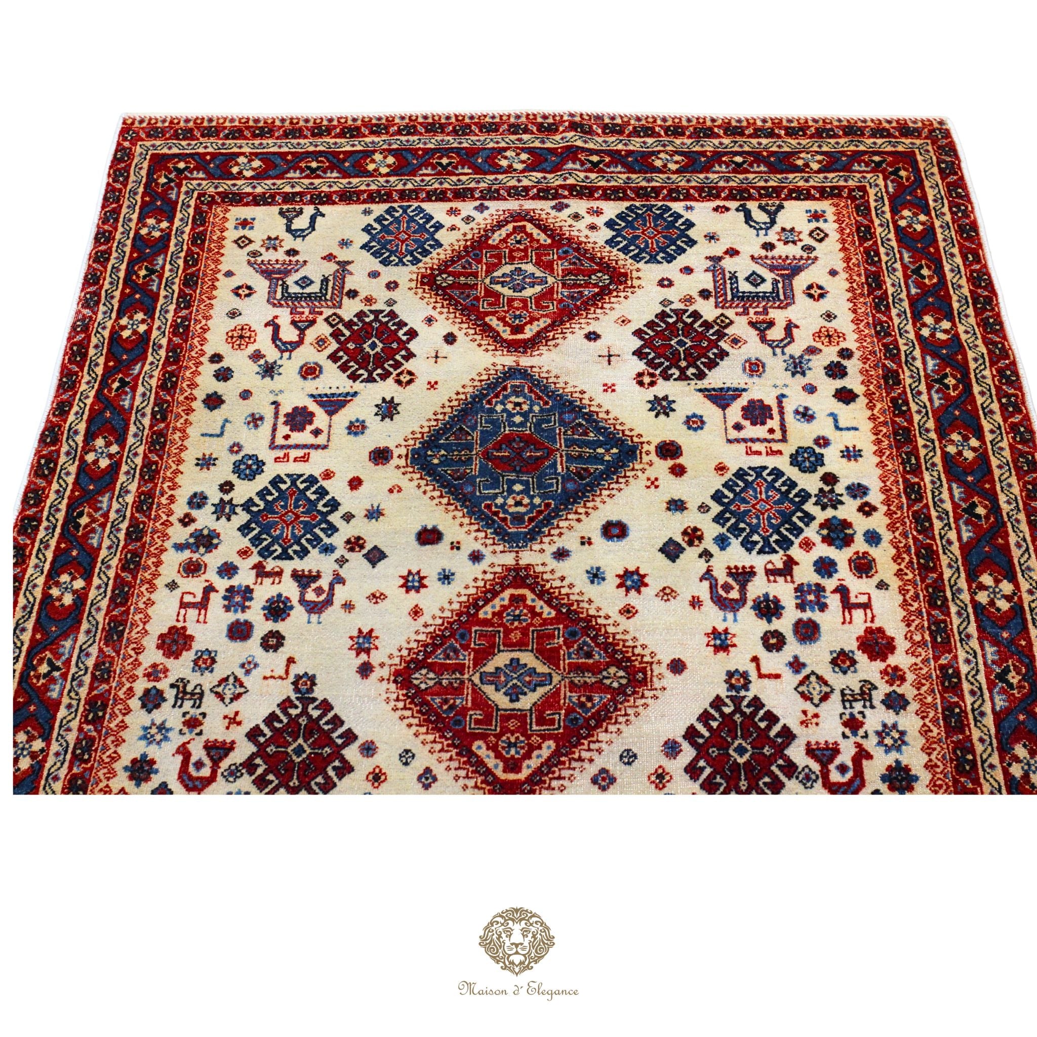 Decorative rug with intricate patterns on a white background