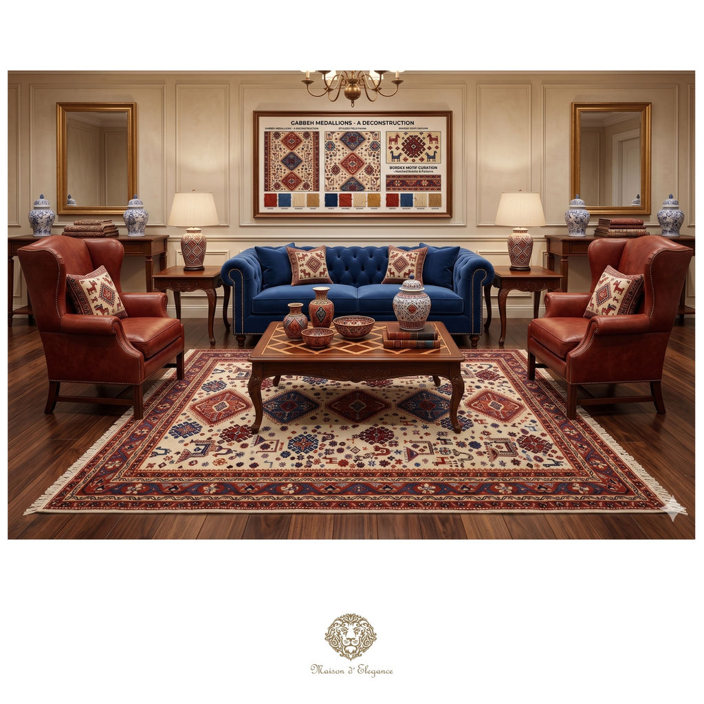 Luxurious living room with a blue sofa, red armchairs, and a patterned rug.