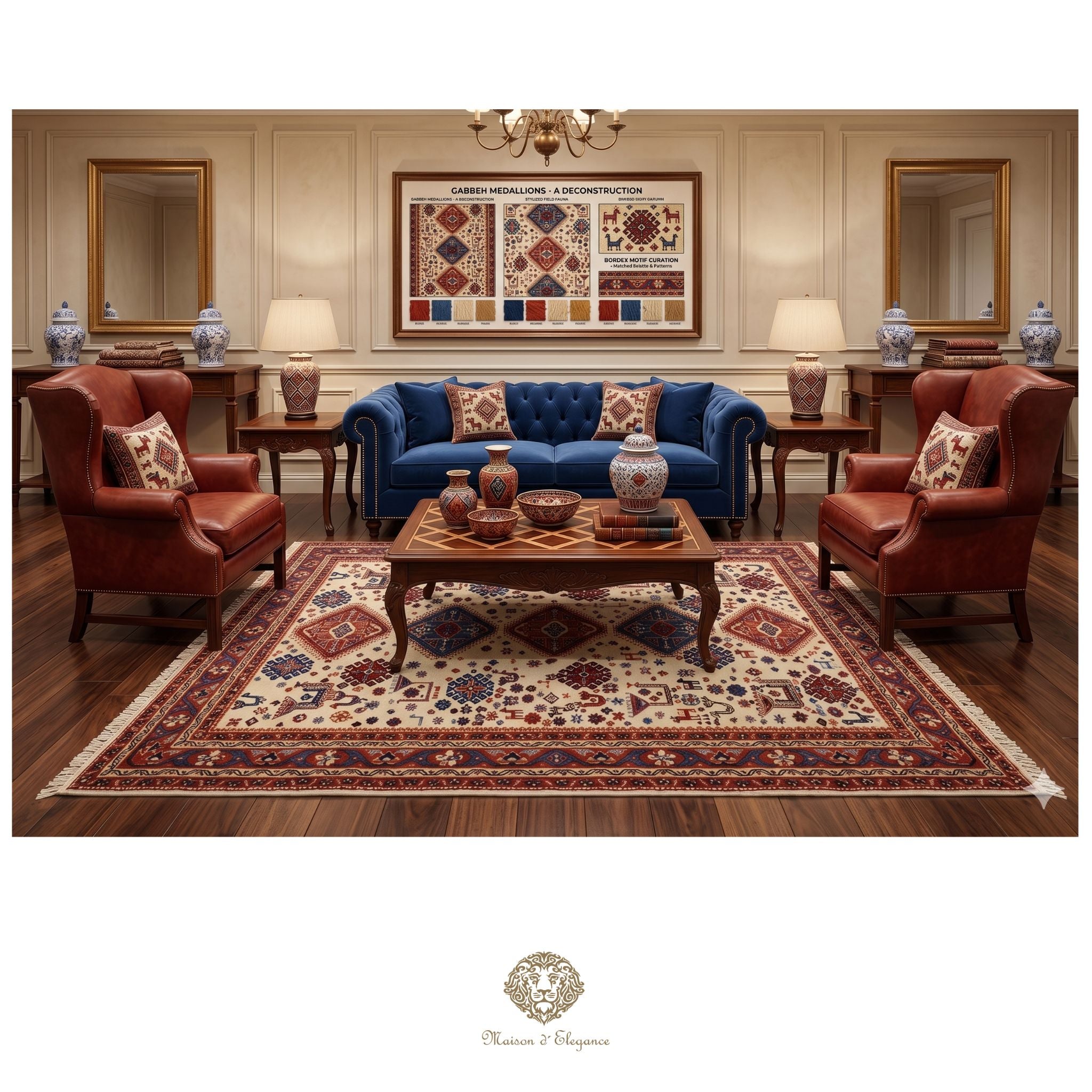 Luxurious living room with a blue sofa, red armchairs, and a patterned rug.