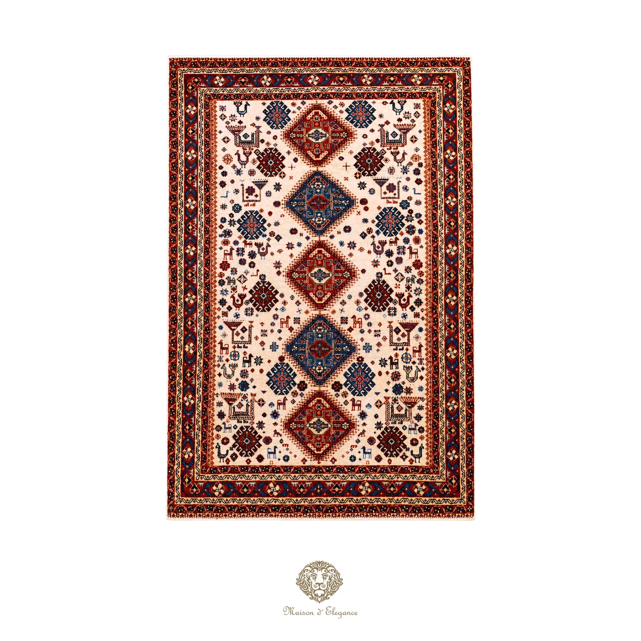 Decorative rug with intricate patterns on a white background