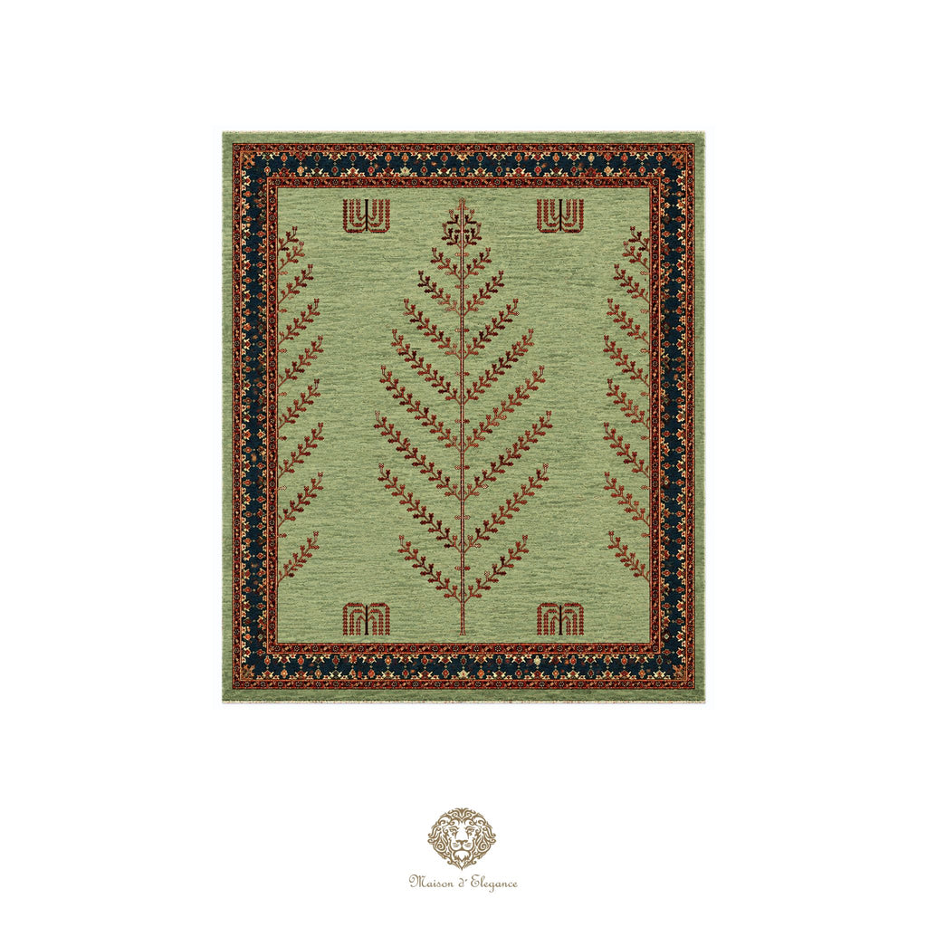 Decorative rug with leaf pattern on a light green background