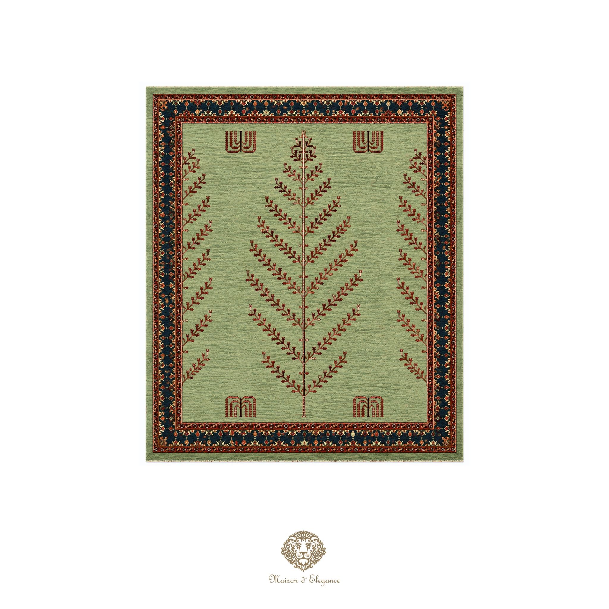 Decorative rug with leaf pattern on a light green background