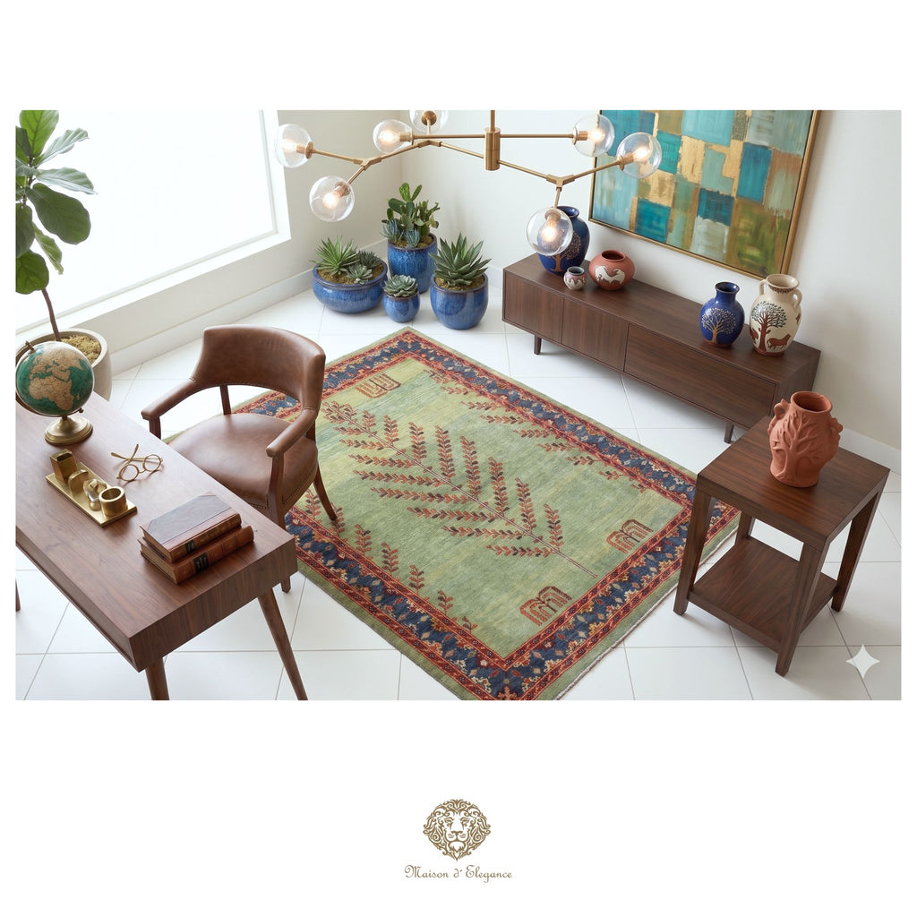 Living room with a patterned rug, wooden furniture, and decorative items.