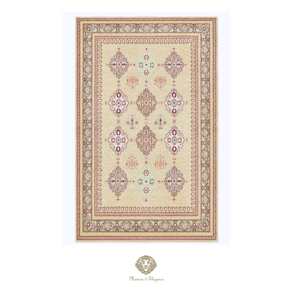 Decorative rug with intricate patterns on a beige background