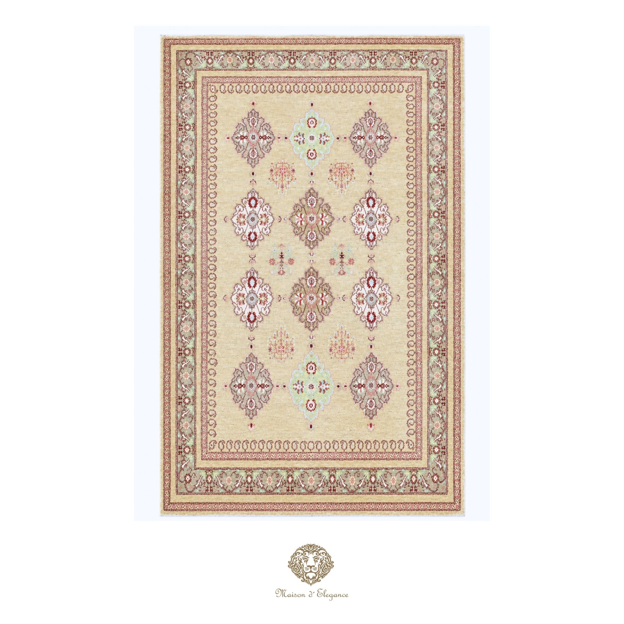 Decorative rug with intricate patterns on a beige background