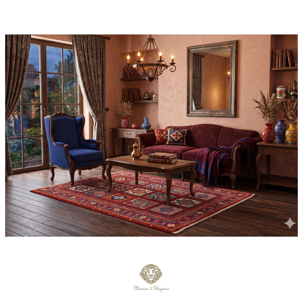 Living room with a red sofa, blue armchair, and patterned rug.