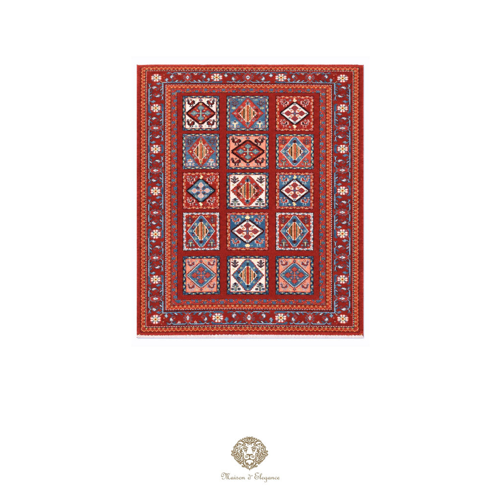 Decorative rug with geometric pattern on a red background