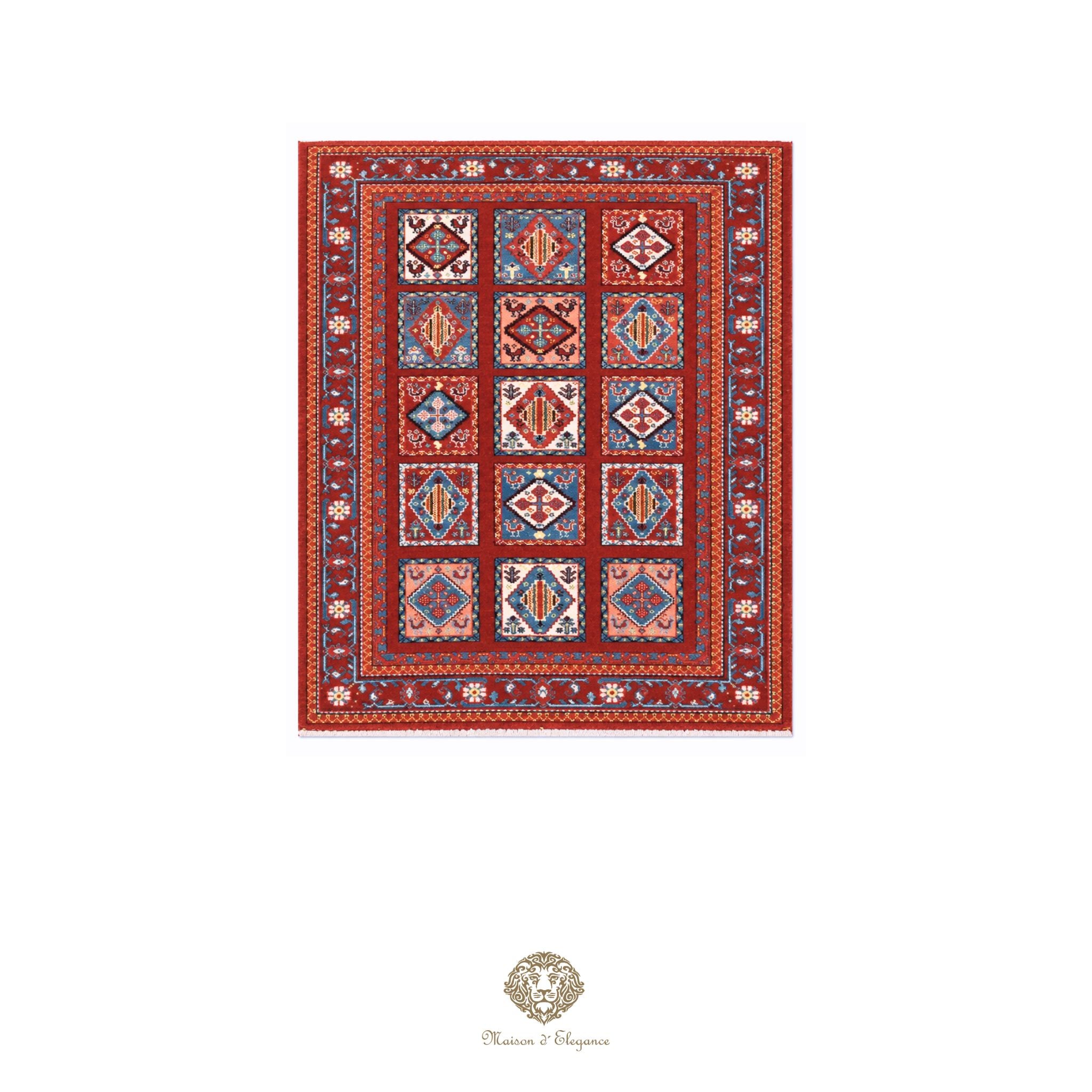 Decorative rug with geometric pattern on a red background