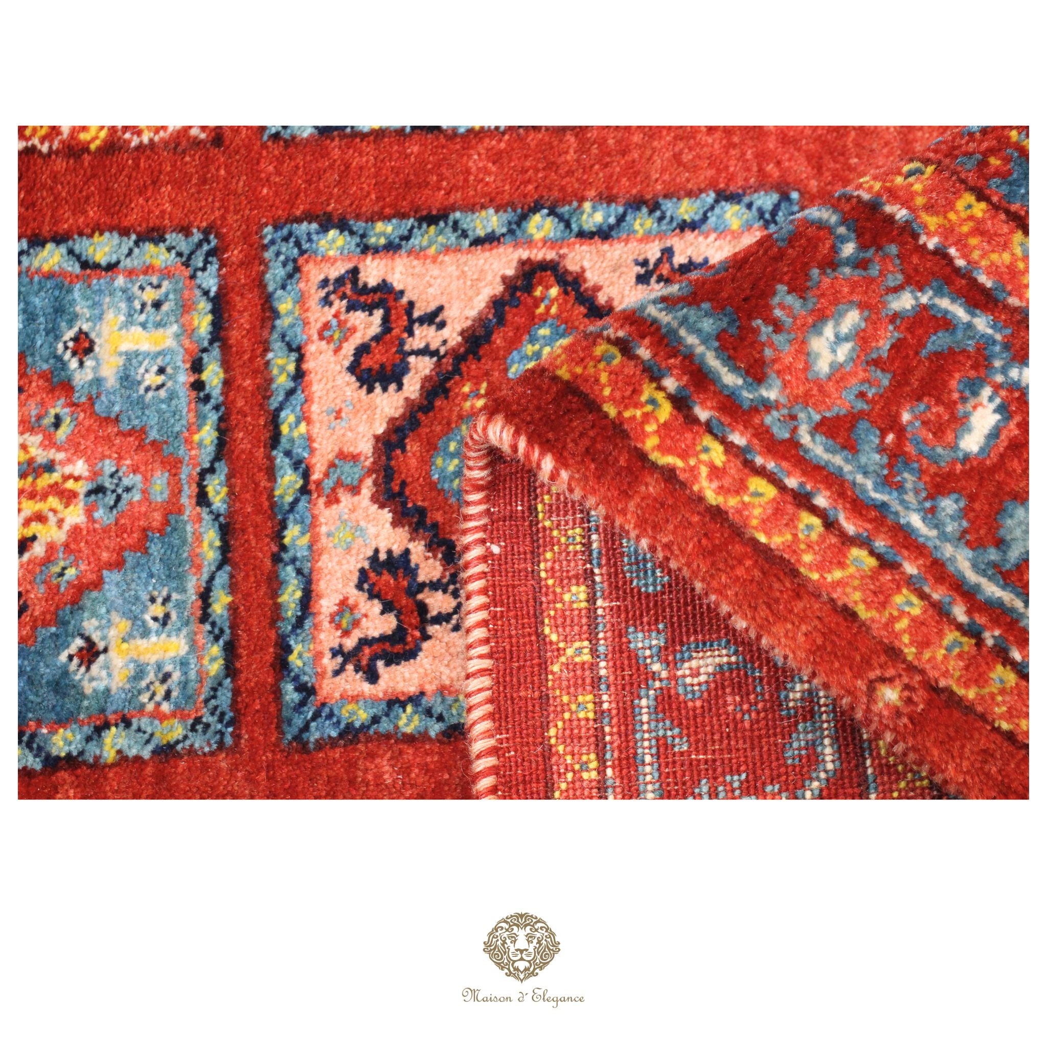 Close-up of a colorful patterned rug with intricate designs.