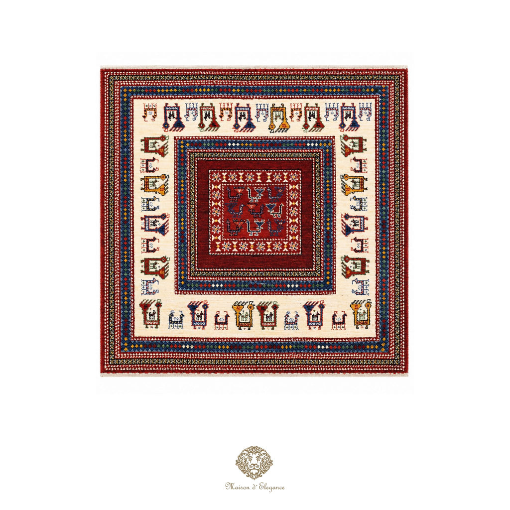 Decorative rug with intricate patterns on a white background