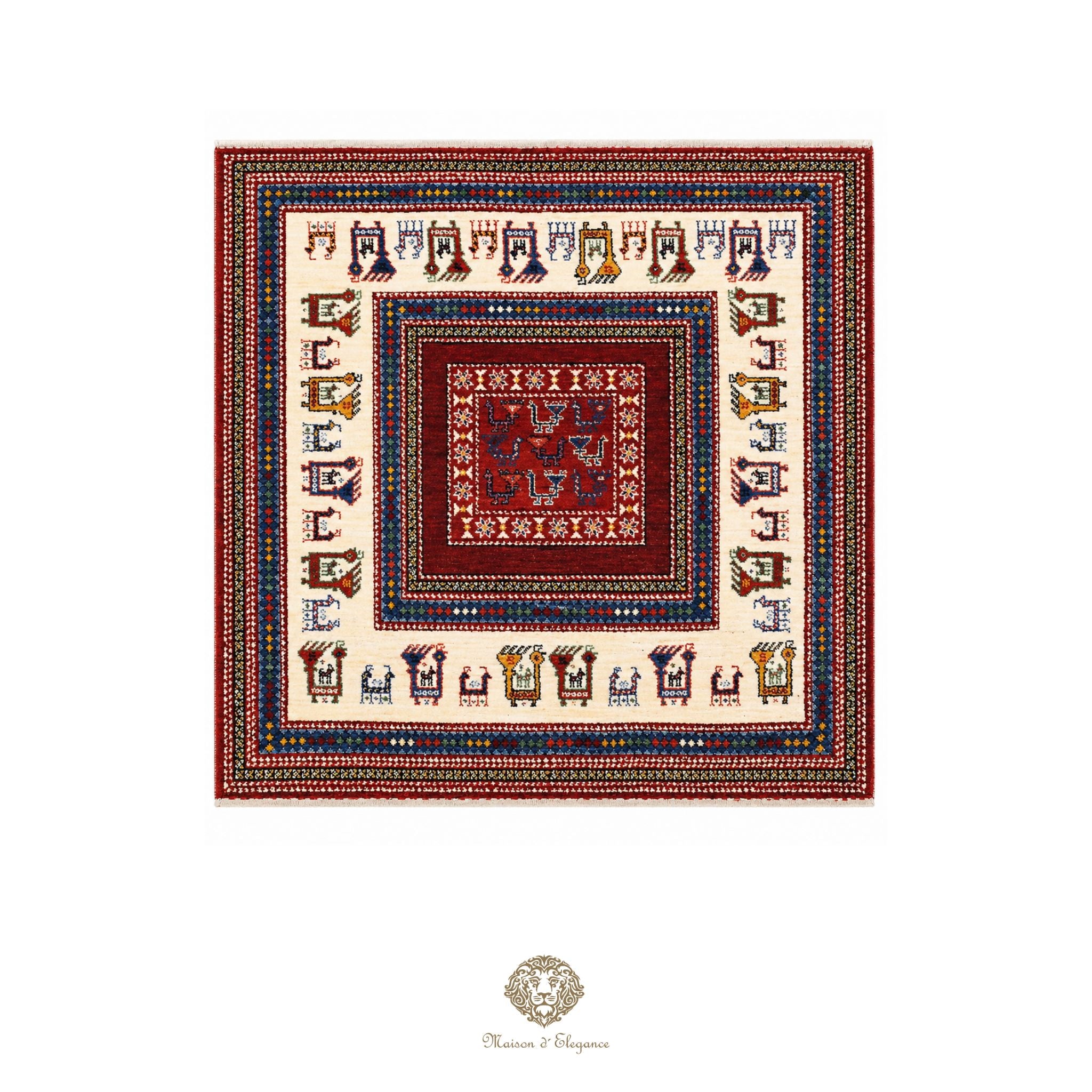 Decorative rug with intricate patterns on a white background