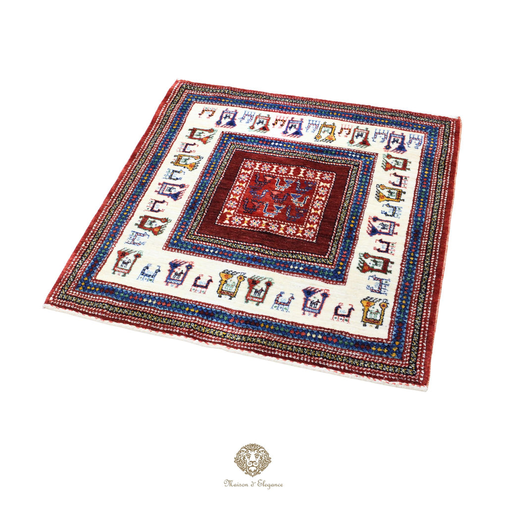 Alfombra Loribaft rojo persa Artesano nómada | Lana Artesanal diseño de animales 102x108 cm