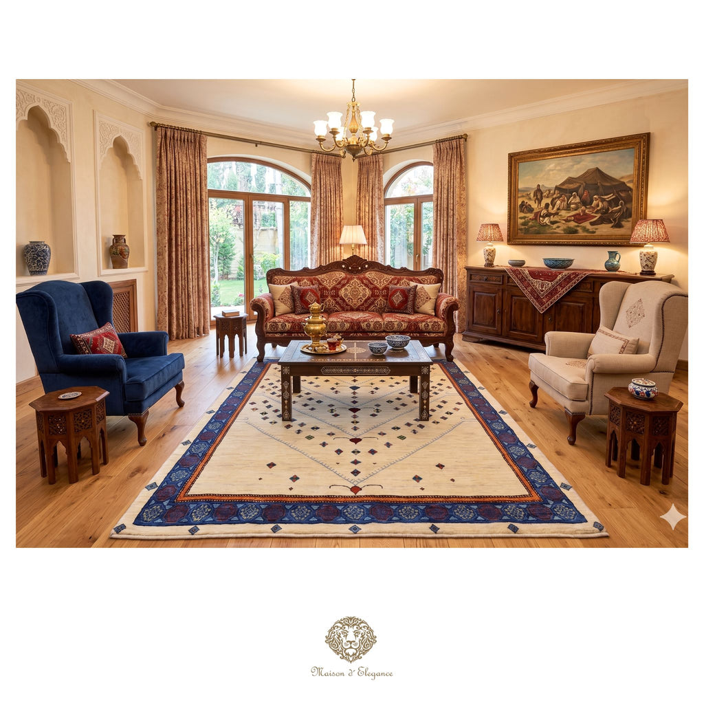 Luxurious living room with ornate furniture and decorative elements.