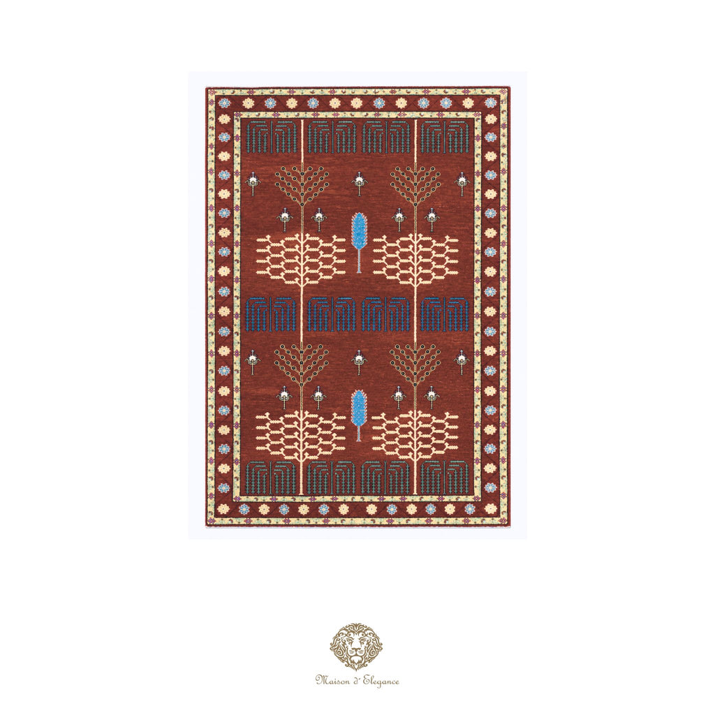 Decorative rug with intricate patterns on a rojo background