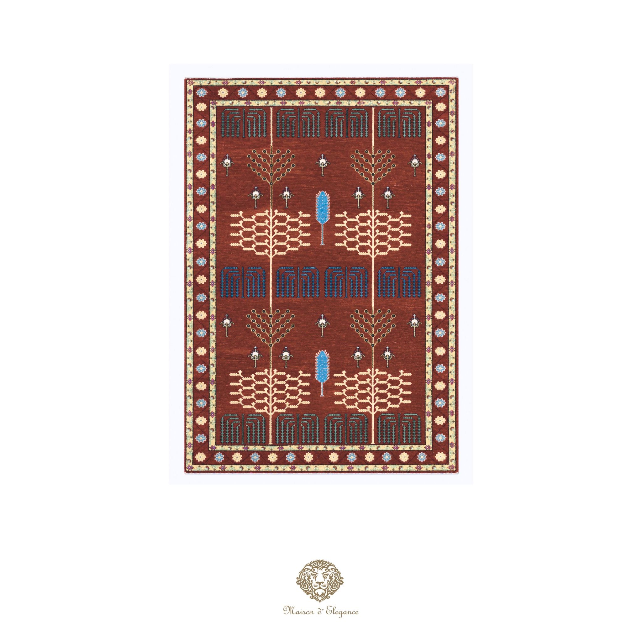 Decorative rug with intricate patterns on a rojo background