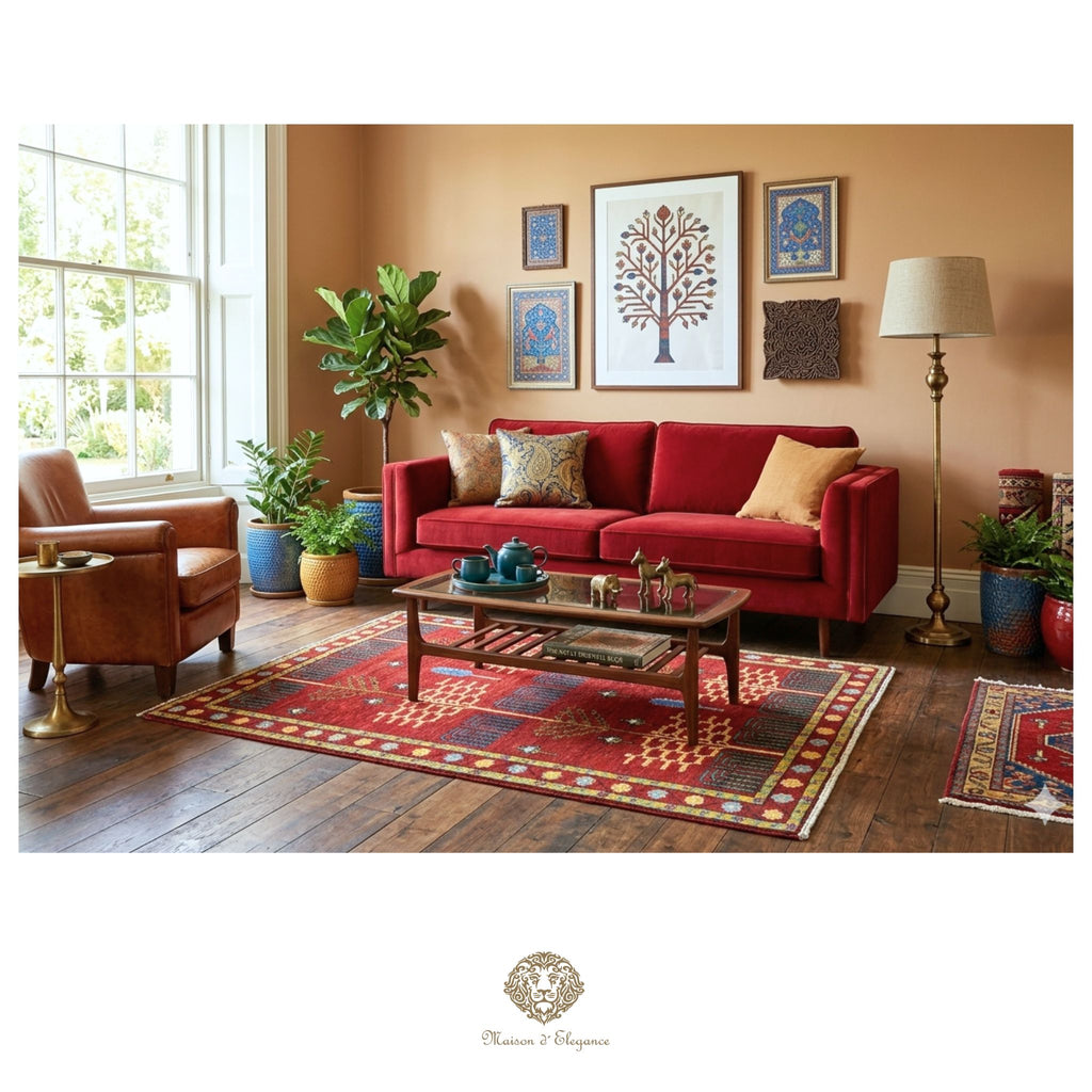 Living room with a red sofa, wooden coffee table, and decorative elements.