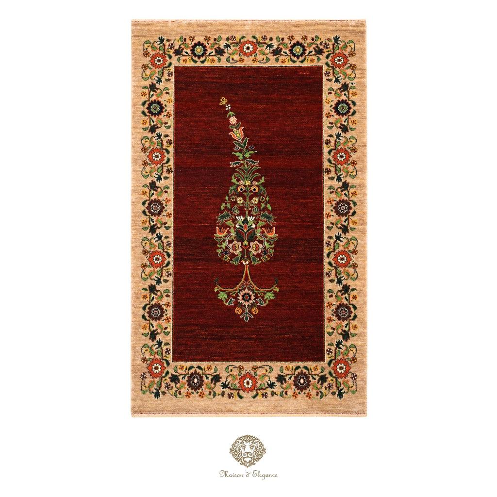 Decorative rug with floral patterns on a red background