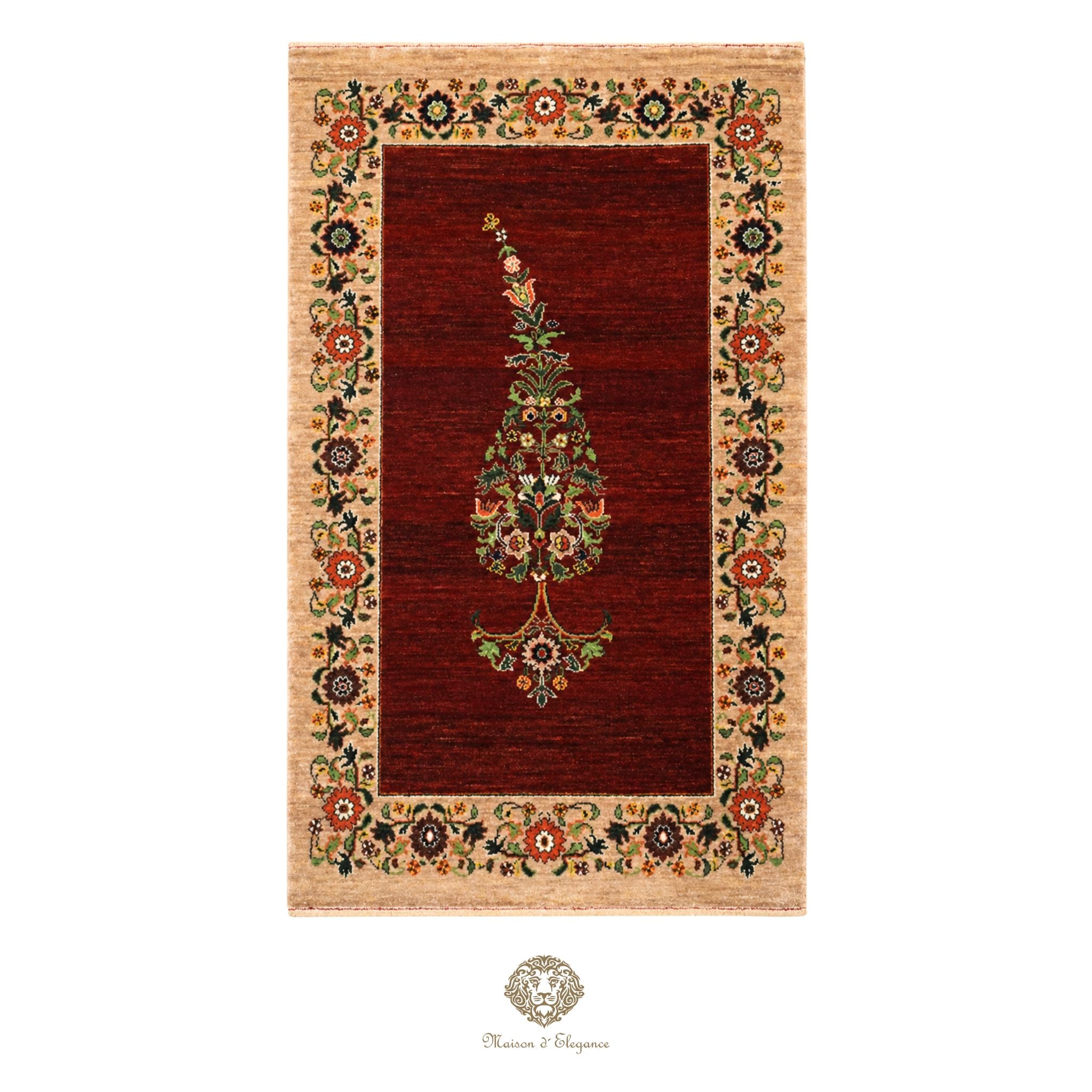 Decorative rug with floral patterns on a red background