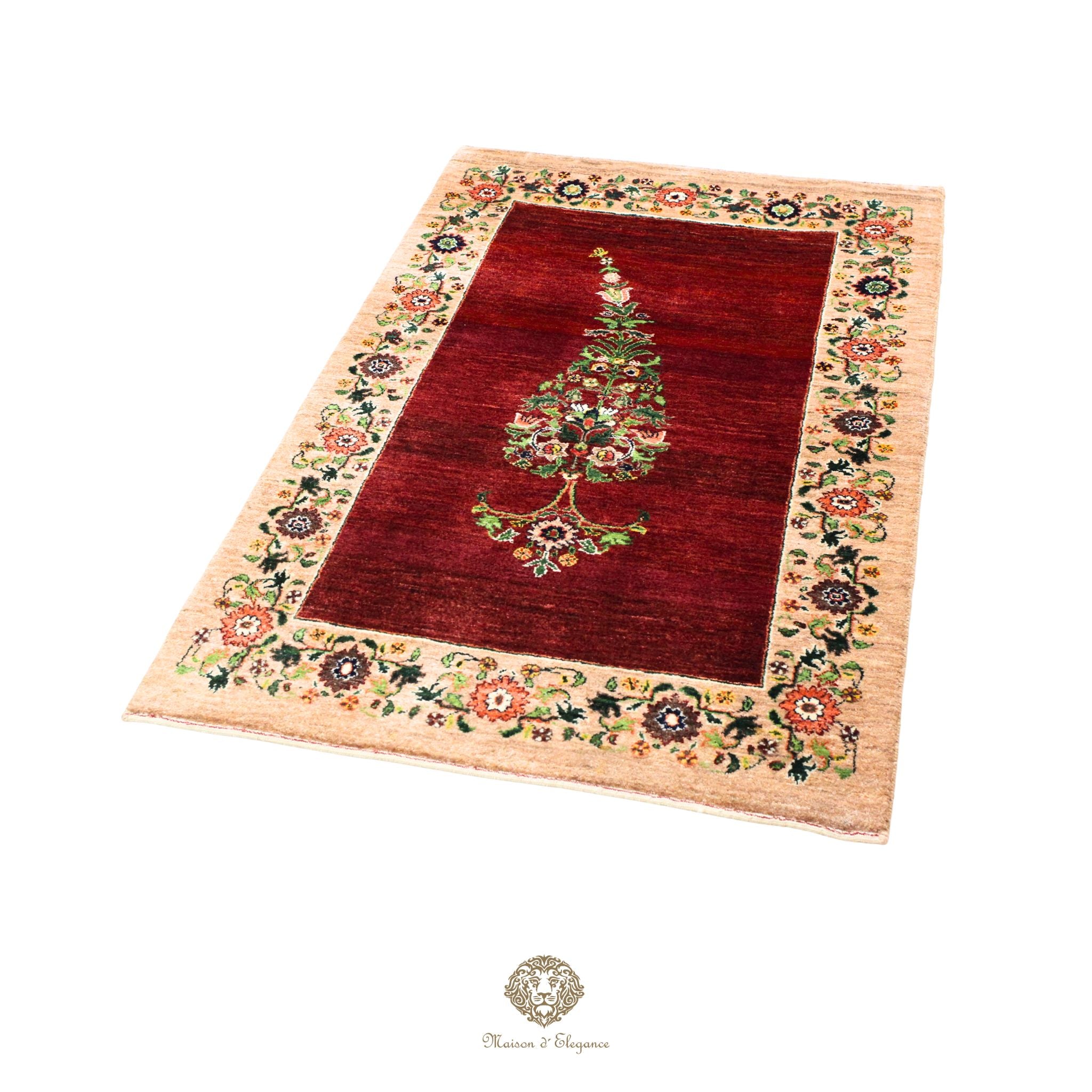 Decorative rug with floral border and central design on a red background