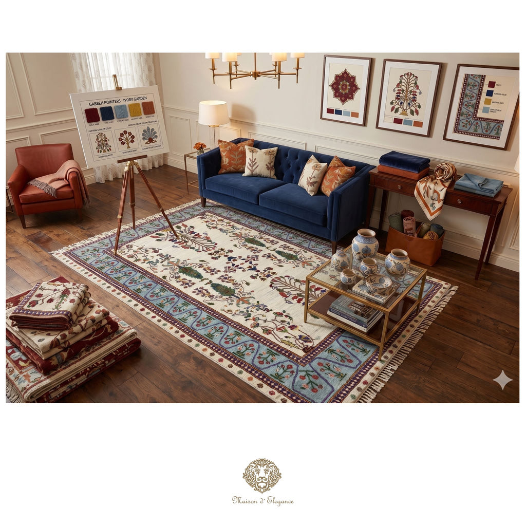 Living room with a blue sofa, patterned rug, and decorative items.