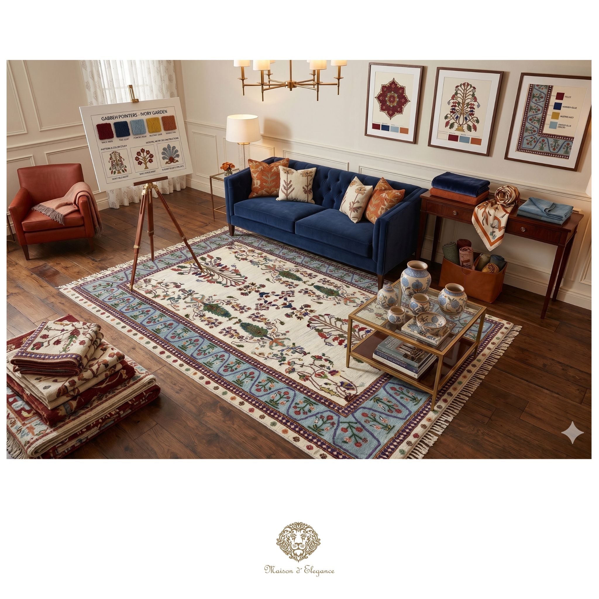 Living room with a blue sofa, patterned rug, and decorative items.