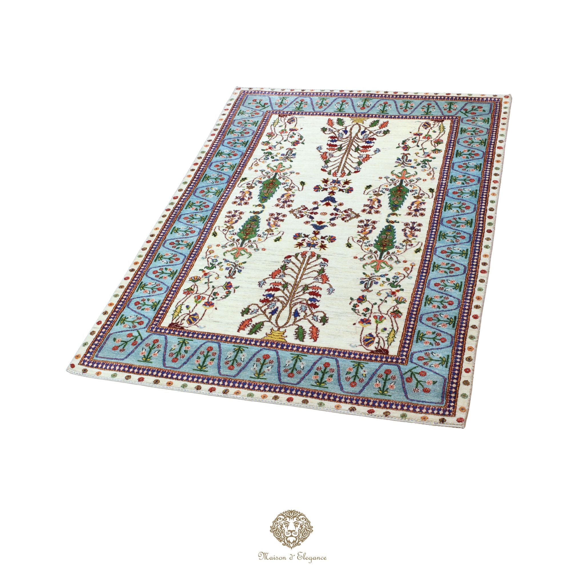 Decorative rug with intricate patterns on a white background