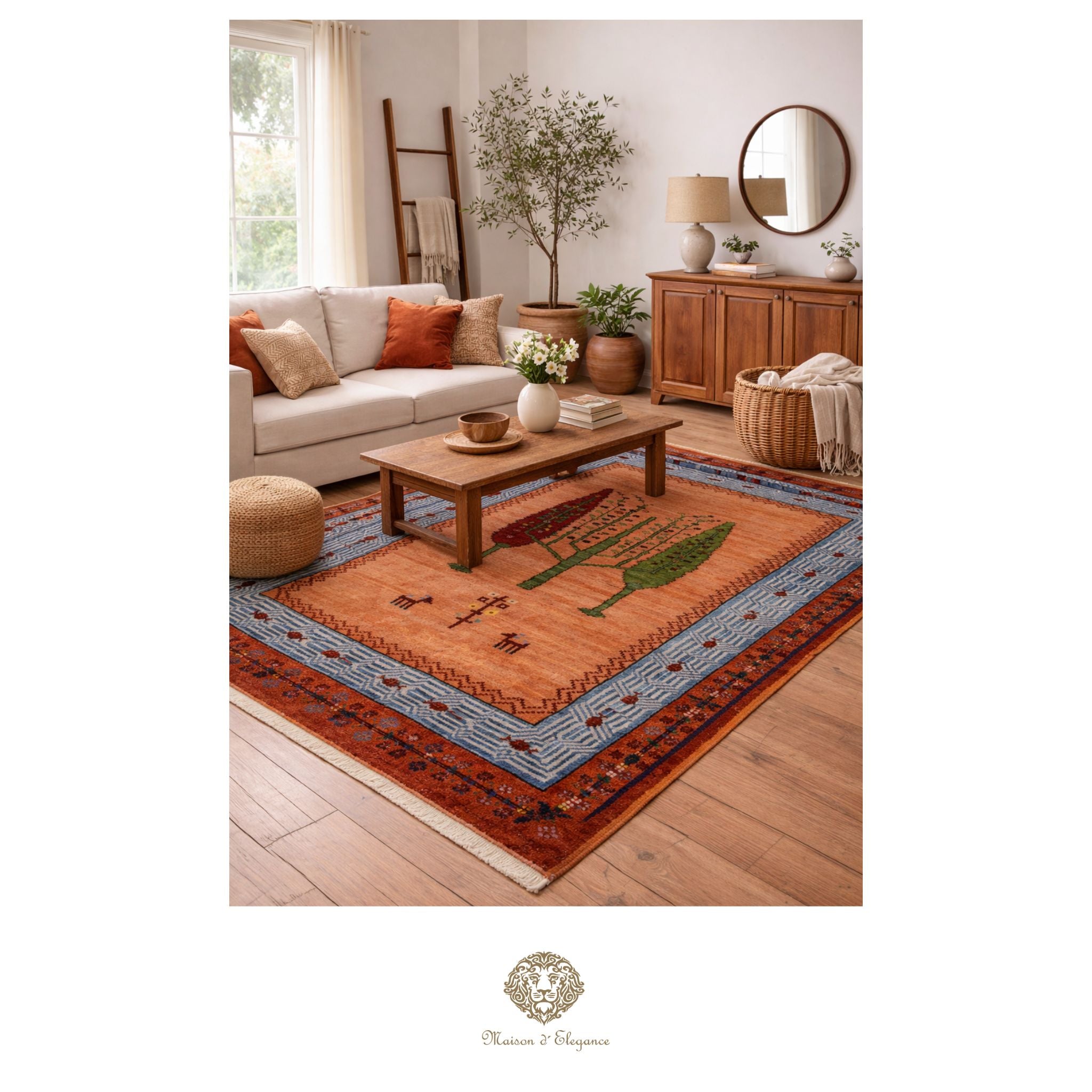 Living room with a decorative rug featuring a fish design, surrounded by furniture and decor.