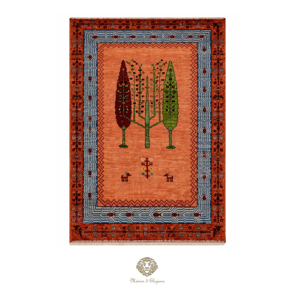 Decorative rug with tree design and geometric border on a white background