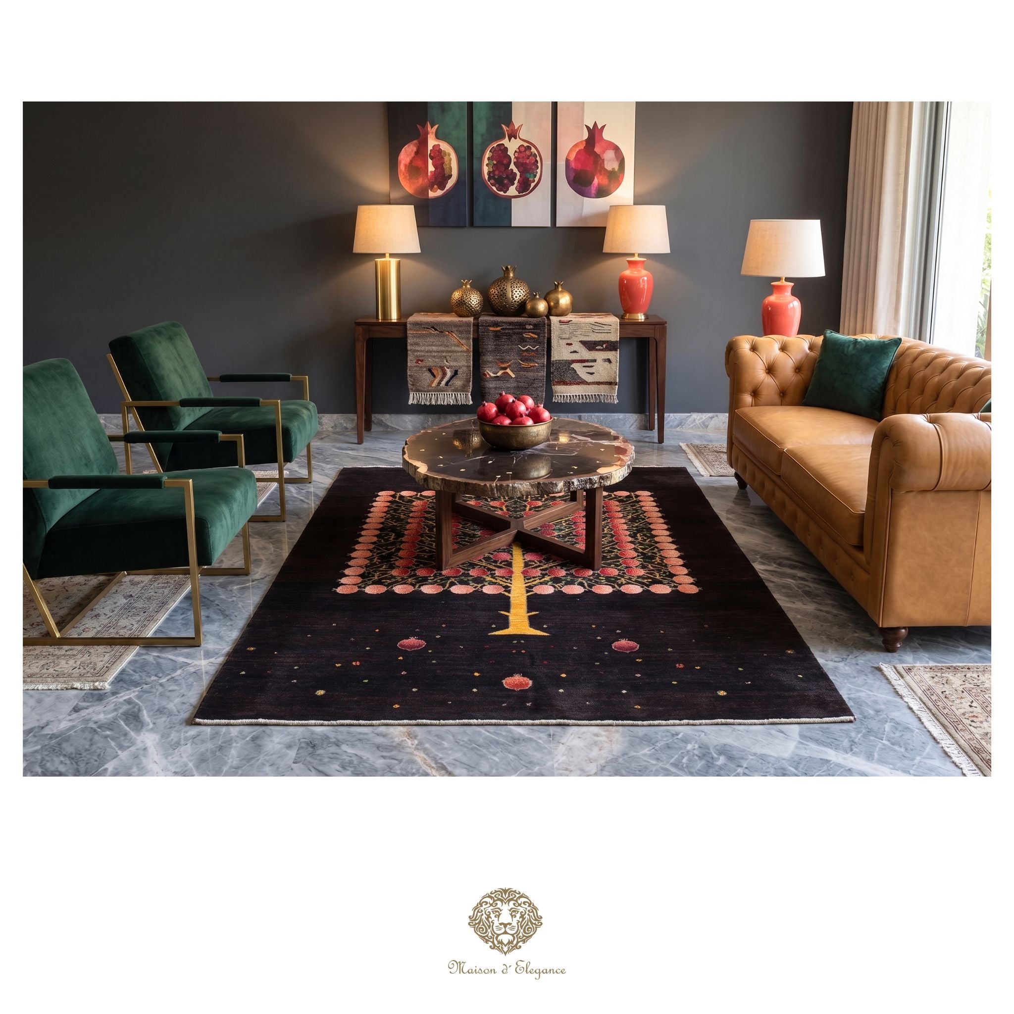 Living room with brown sofa, green chairs, and decorative rug.