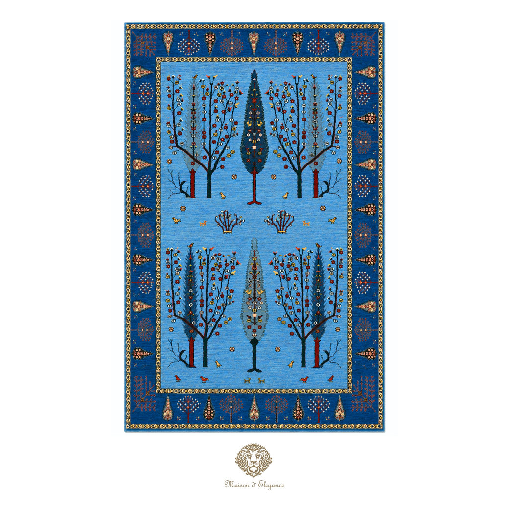 Decorative rug with tree pattern on a blue background