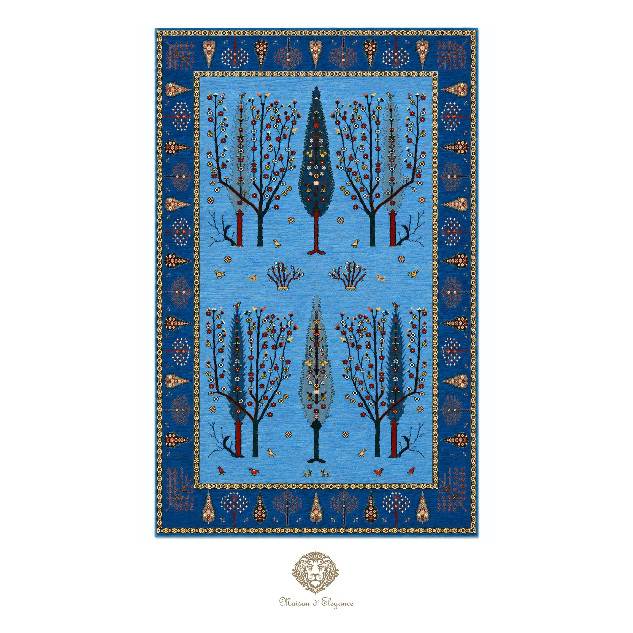 Decorative rug with tree pattern on a blue background