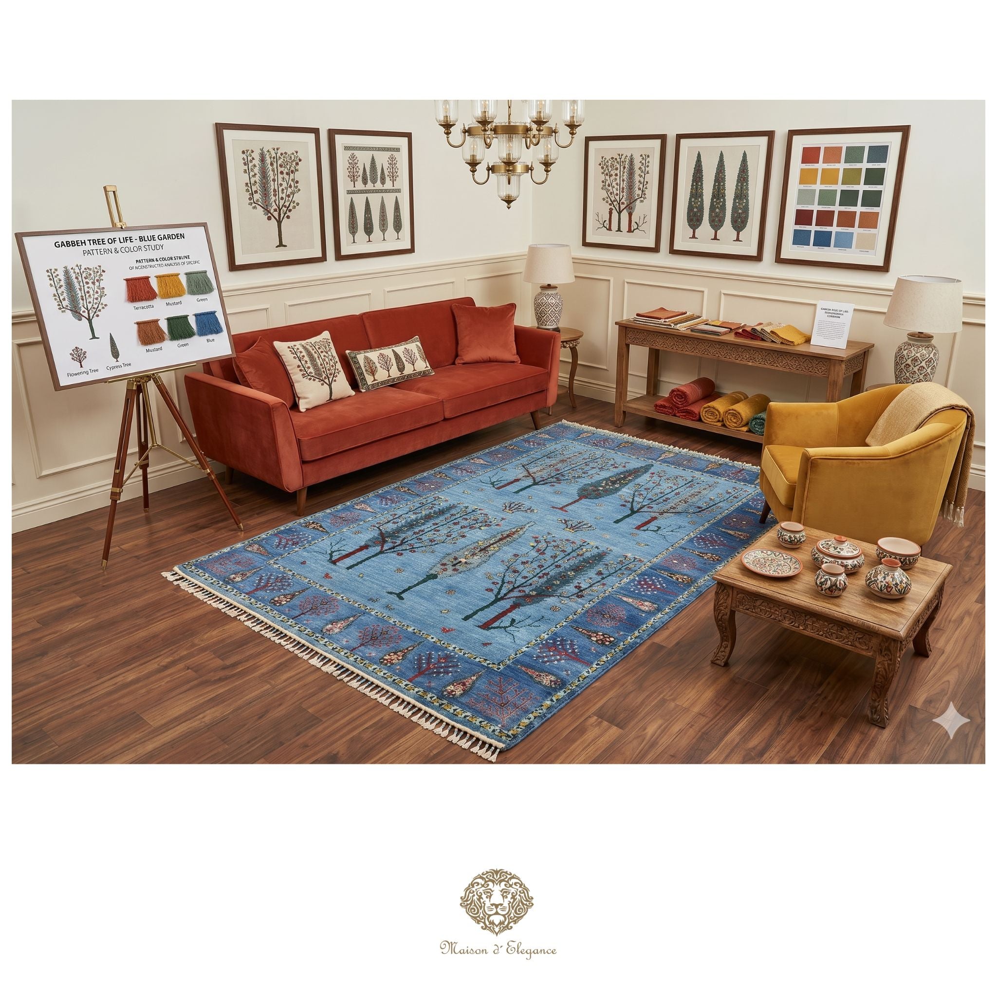 Living room with a blue patterned rug, red sofa, yellow armchair, and wooden coffee table.