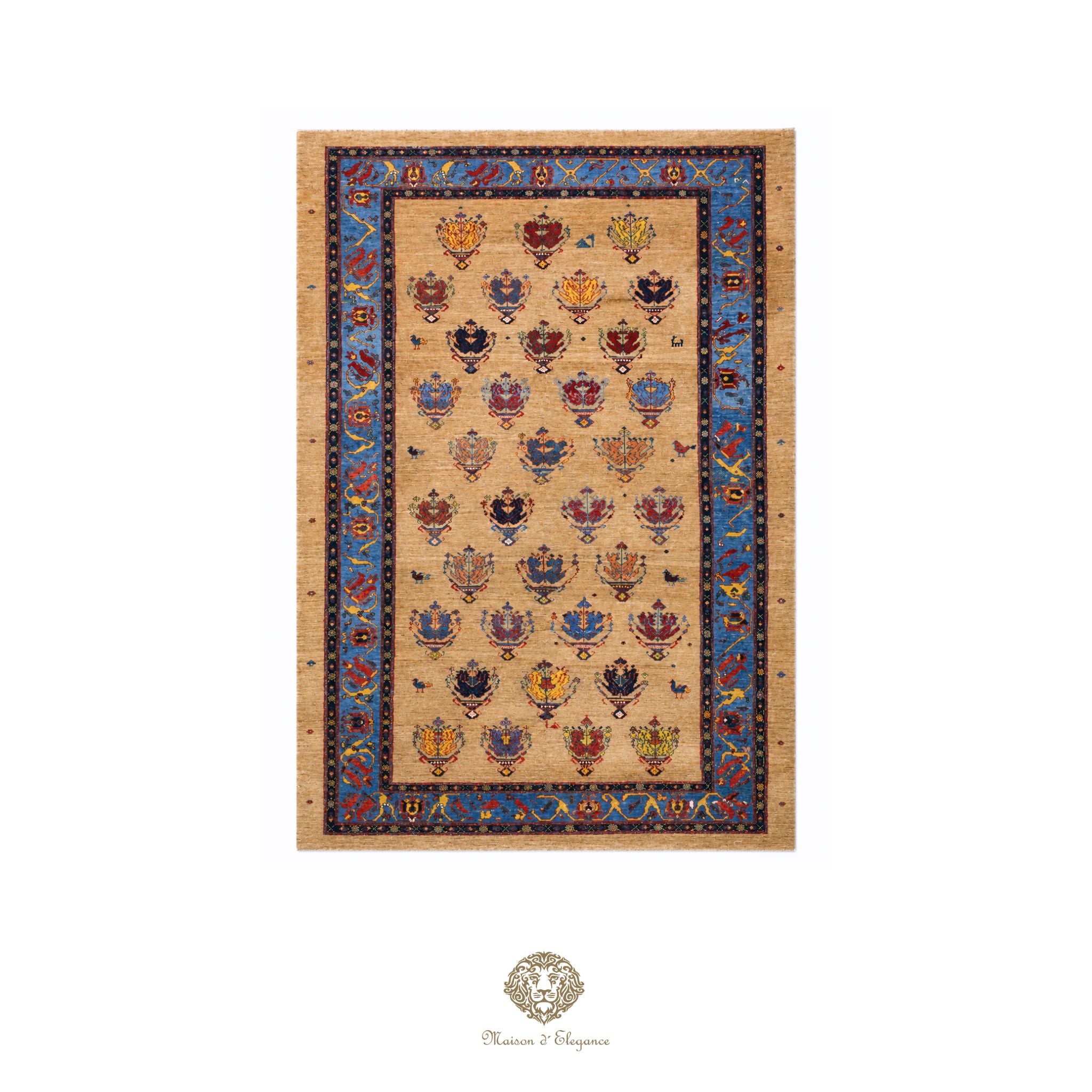 Decorative rug with intricate patterns on a beige background