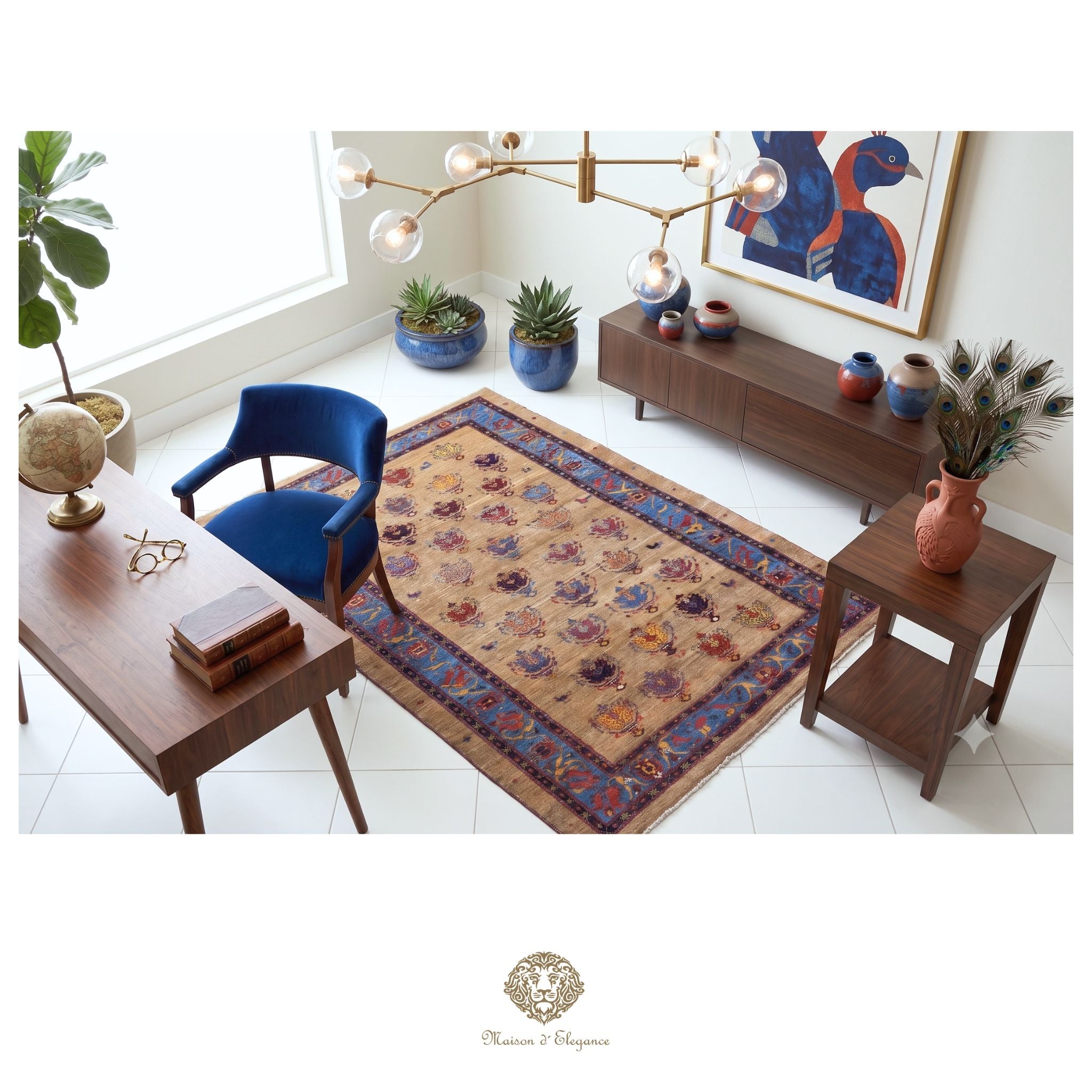 Living room with a patterned rug, blue chair, and decorative items.