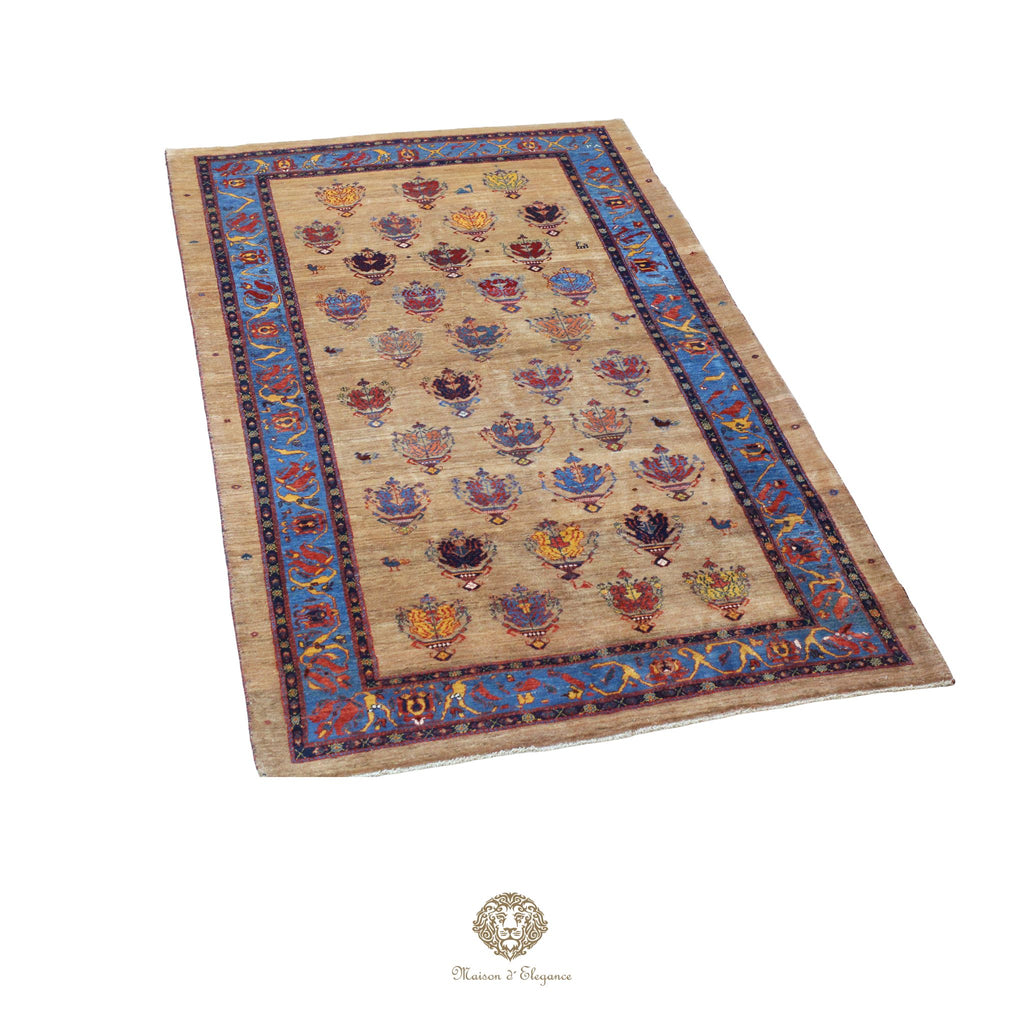 Decorative rug with intricate patterns on a ivory background