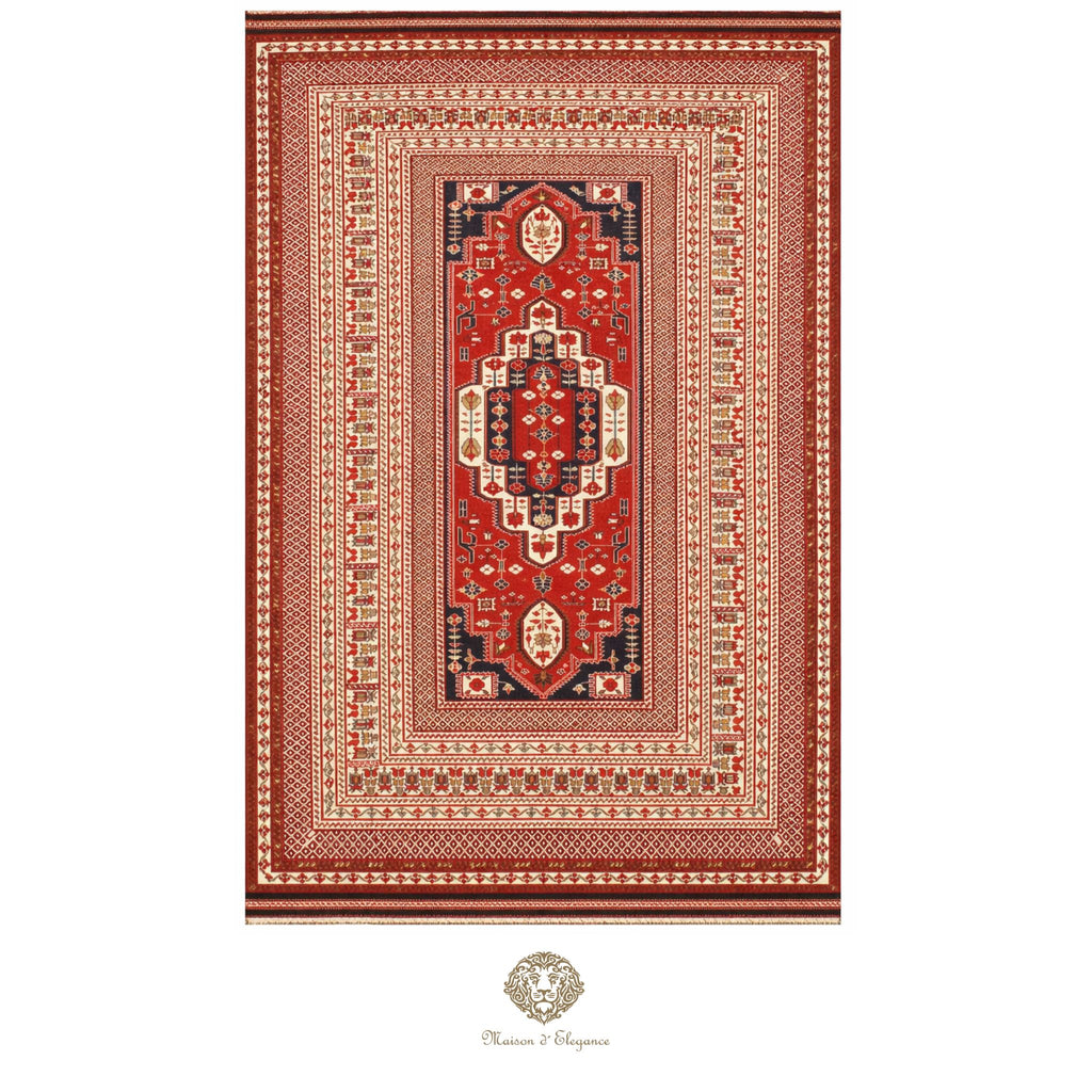 Decorative rug with intricate patterns on a red background