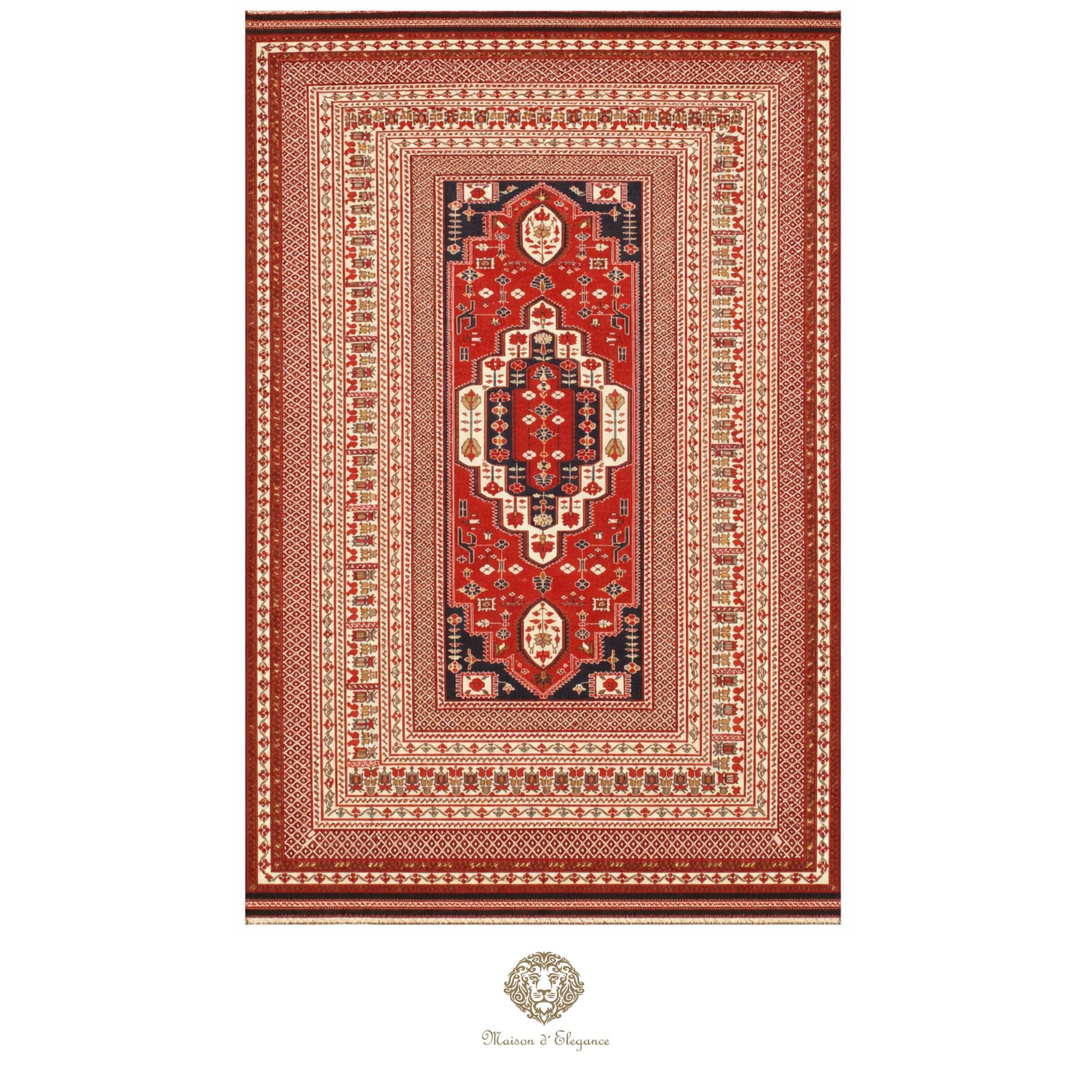 Decorative rug with intricate patterns on a red background