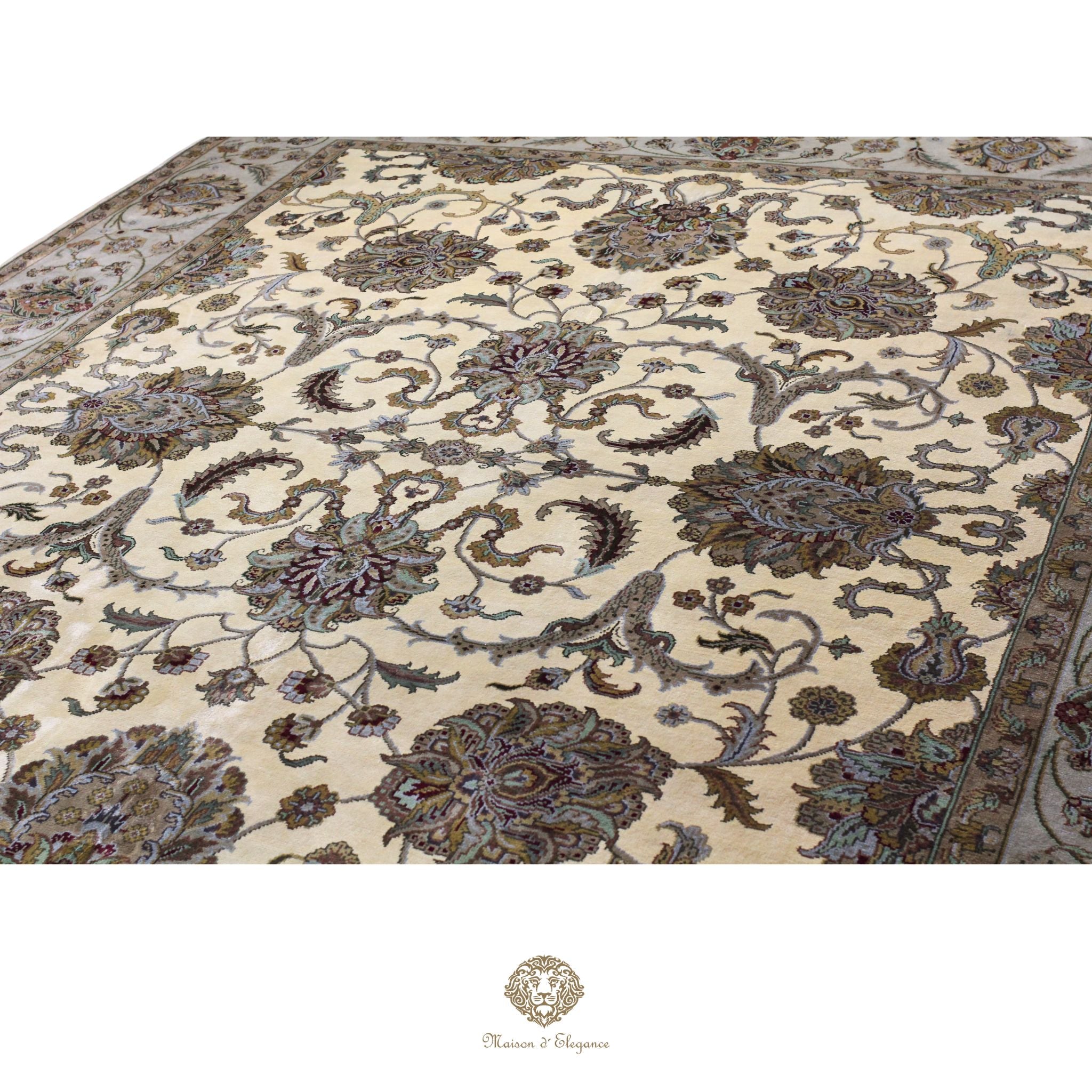 Alfombra de lana y Seda tradicional hecha a mano con diseño floral | Tonos neutros, 244 x 314 cm