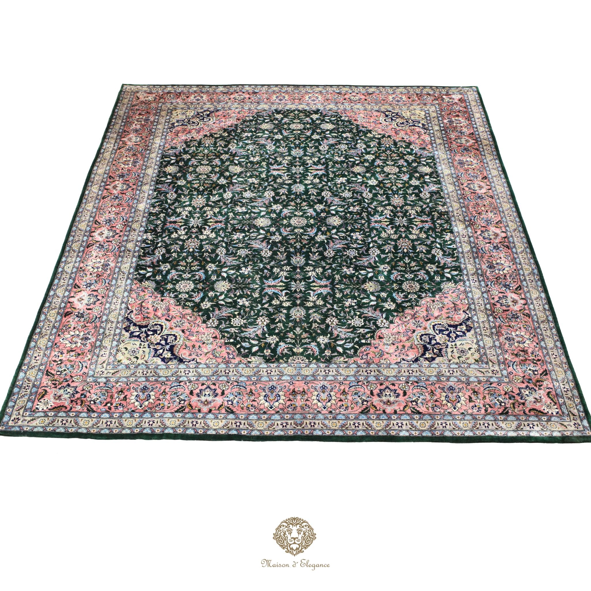 Alfombra de lana estilo Tabriz, superfina color verde marfil con diseño floral | Elegancia 280x390 cm
