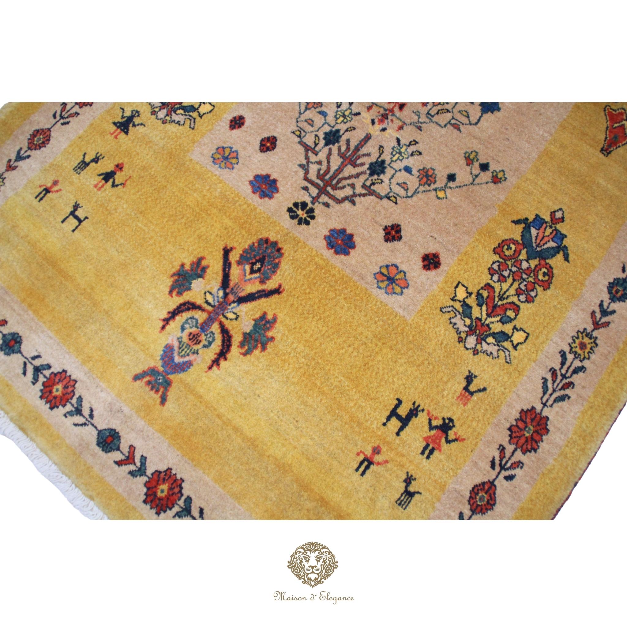Decorative rug with floral and animal patterns on a  gold background