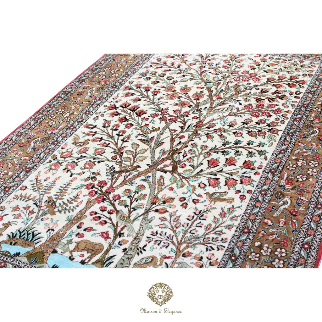 Alfombra persa exclusiva de seda pura - Obra maestra anudada a mano con tintes naturales, firmada, 106 x 156 cm, diseño del árbol de la vida