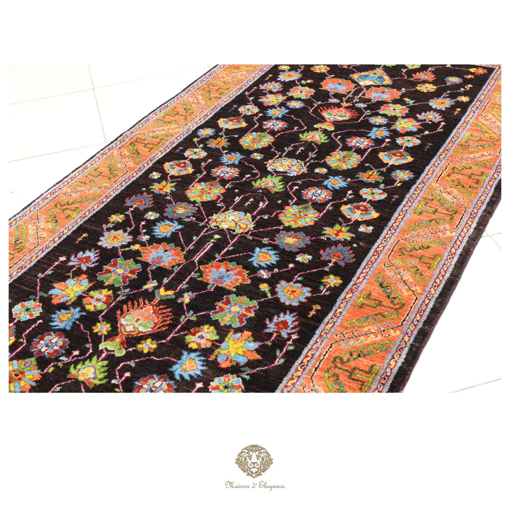 Alfombra persa exclusiva Kashkuli con diseño floral y tintes naturales | Lana Loribaft hecha a mano, 124 x 290 cm