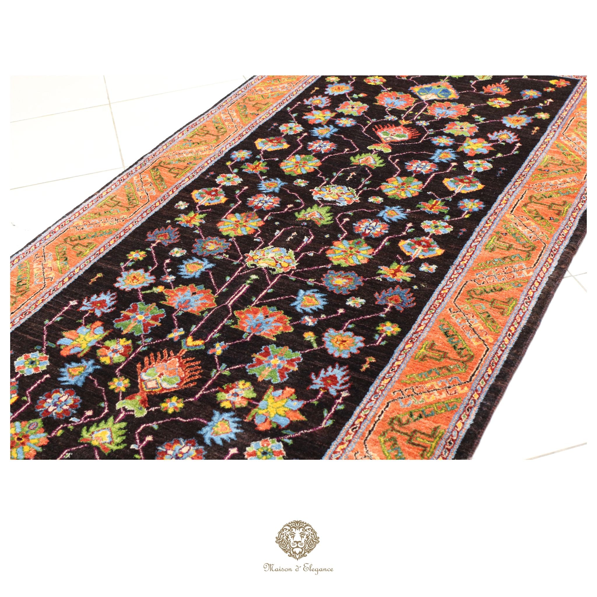 Alfombra persa exclusiva Kashkuli con diseño floral y tintes naturales | Lana Loribaft hecha a mano, 124 x 290 cm