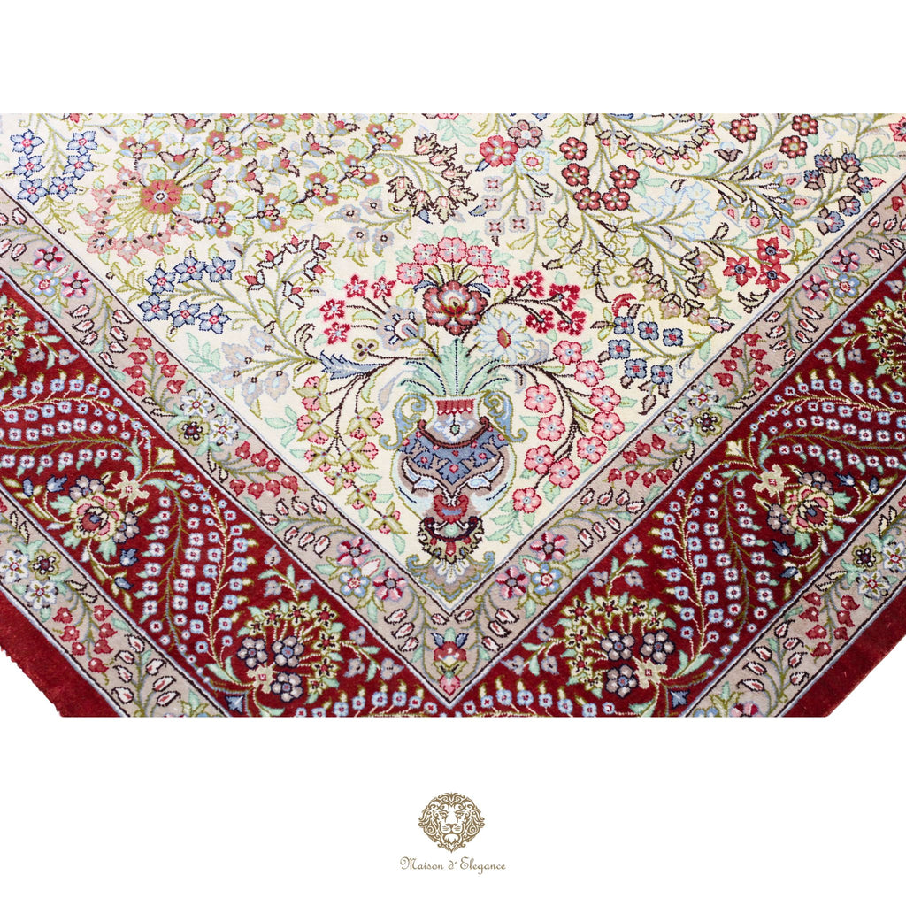 Alfombra persa exclusiva quom de seda pura - Obra maestra anudada a mano con tintes naturales, firmada, 101 x 156 cm, diseño medalion