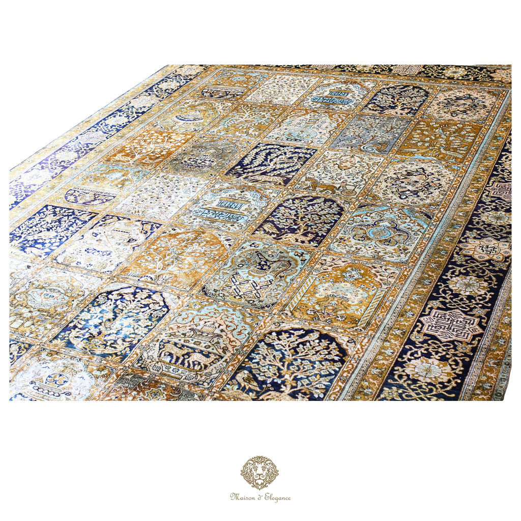 Alfombra persa de seda pura, anudada a mano, teñida con tintes naturales, | obra maestra con diseño floral integral, firmada, 180x300 cm