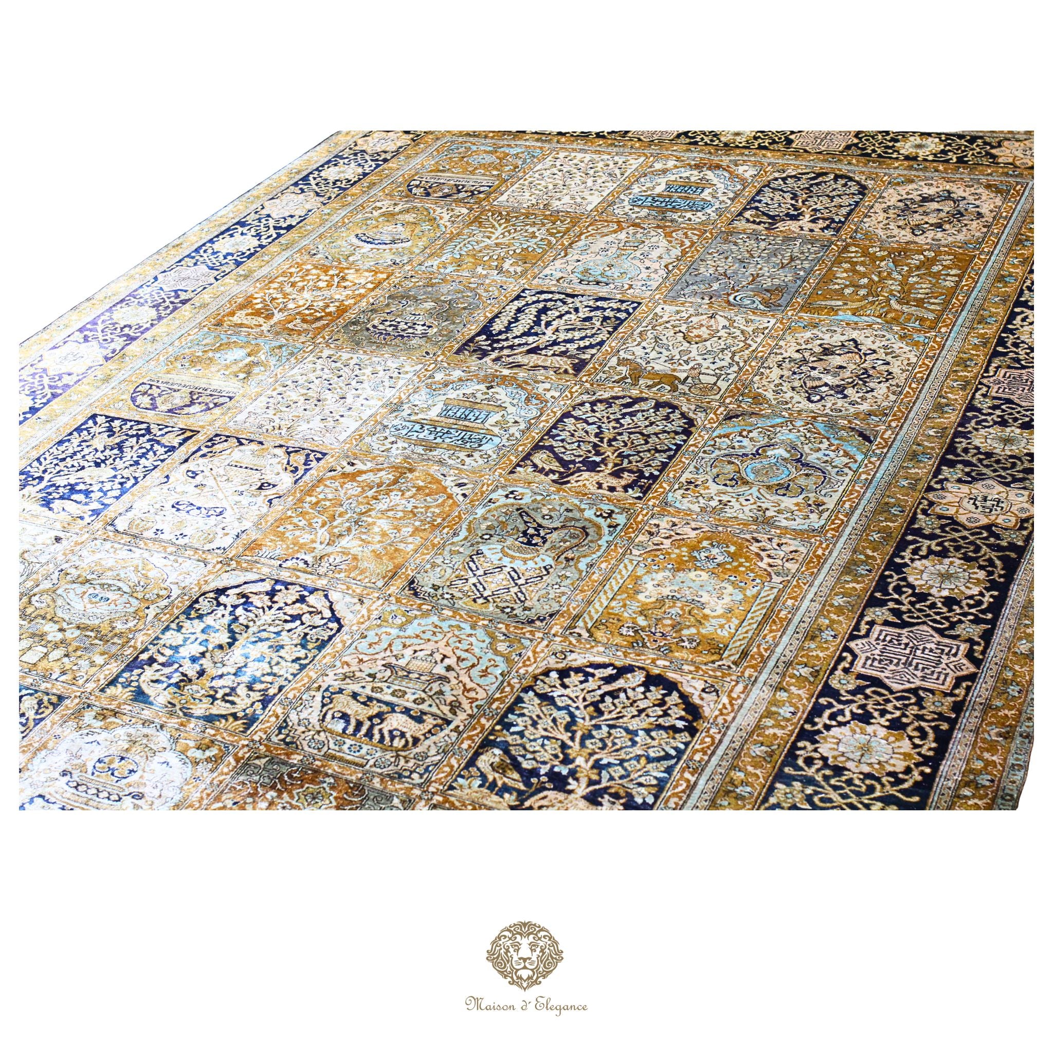 Alfombra persa de seda pura, anudada a mano, teñida con tintes naturales, | obra maestra con diseño floral integral, firmada, 180x300 cm