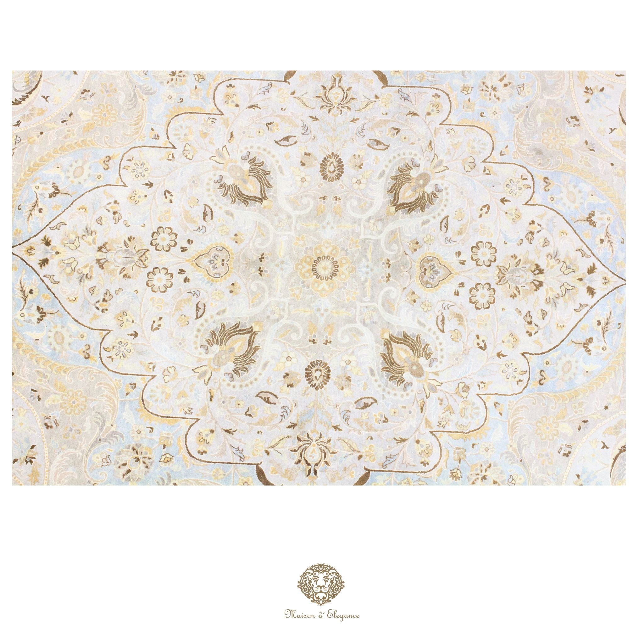 Alfombra de lana estilo Tabriz, color gris superfino con diseño floral de medallón | Elegancia 302x420 cm