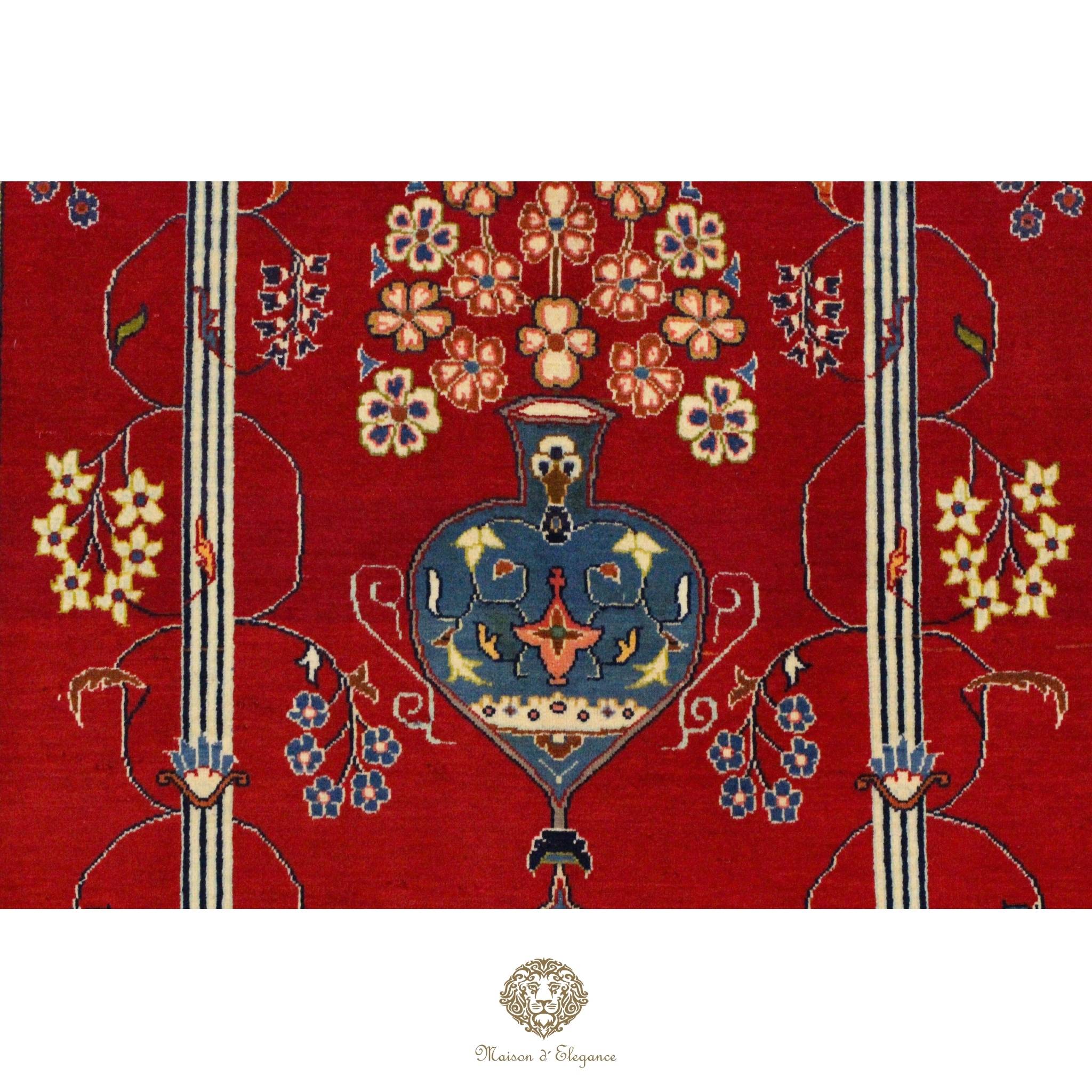 Decorative rug with floral and vase pattern on a red background